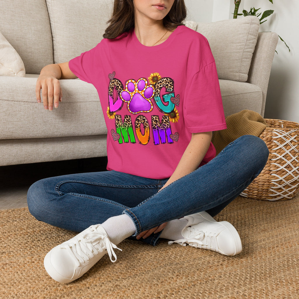 Dog Mom colorful paw print design T-Shirt | leopard hearts sunflower accents