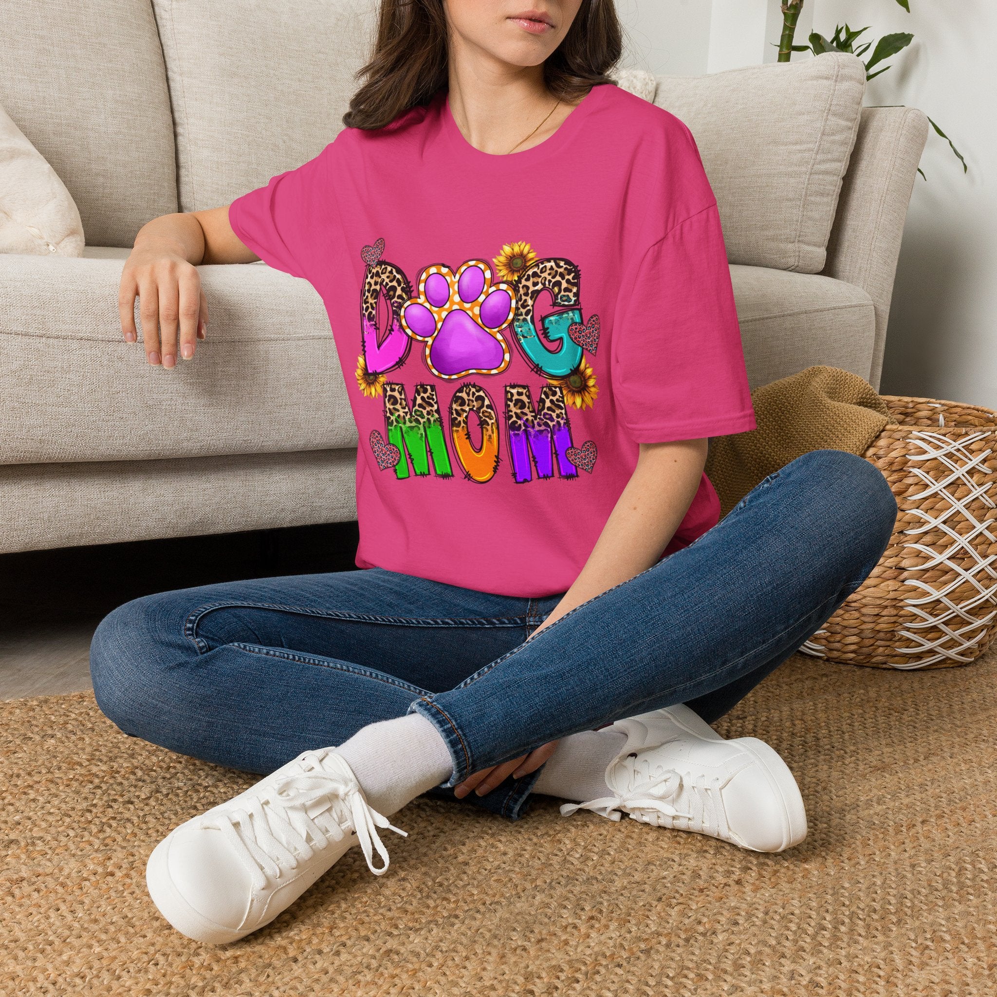 Dog Mom colorful paw print design T-Shirt | leopard hearts sunflower accents