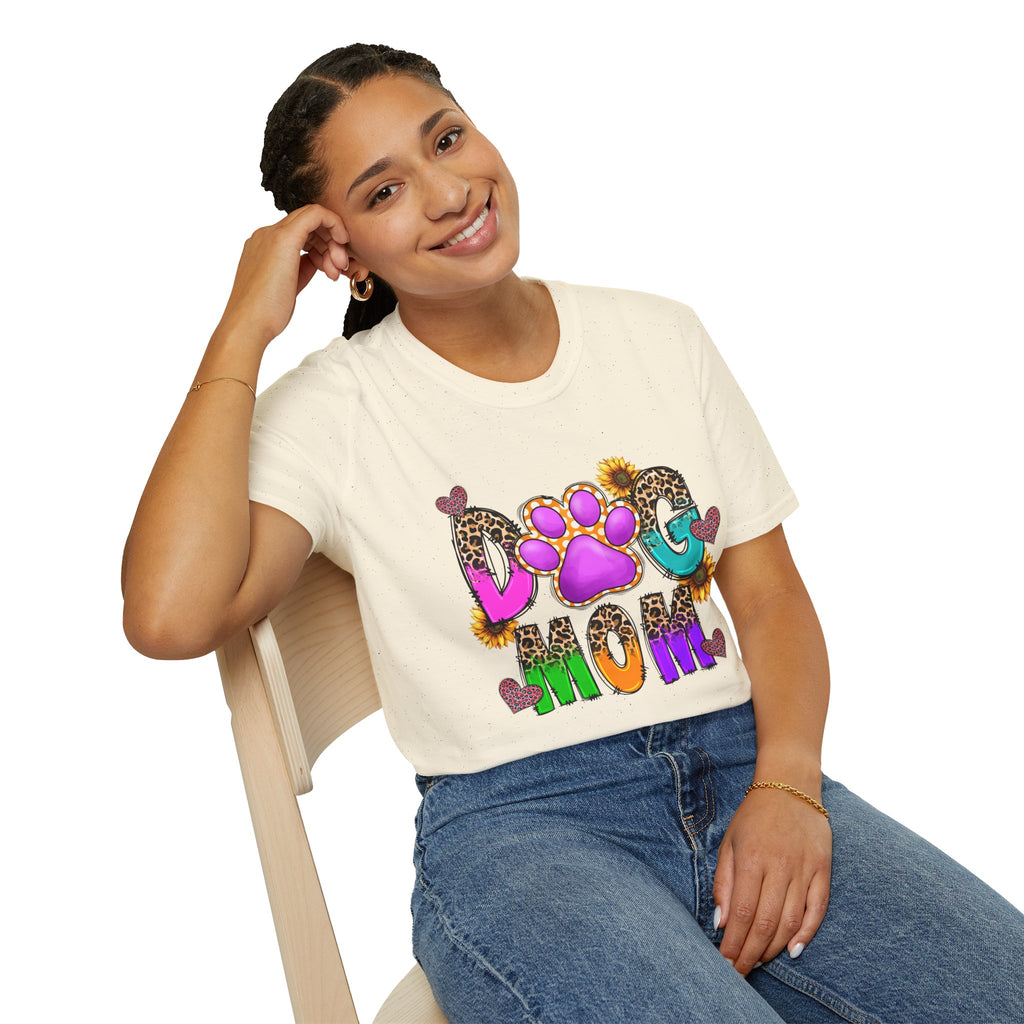 Dog Mom colorful paw print design T-Shirt | leopard hearts sunflower accents