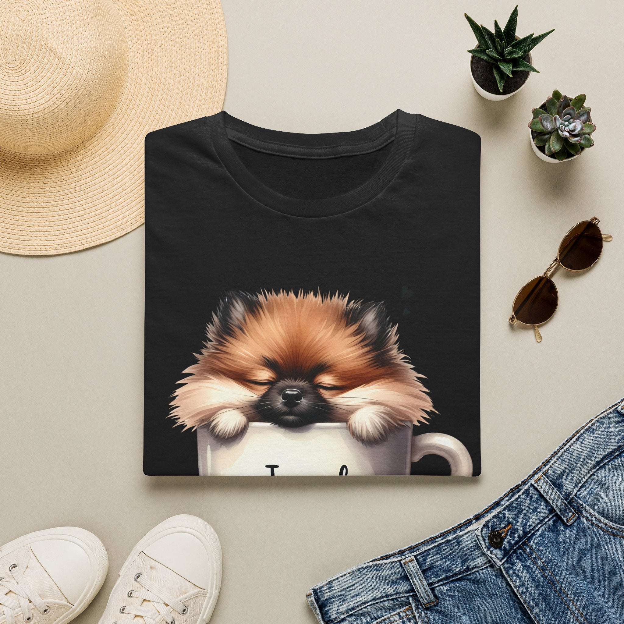Cute Pomeranian in Coffee Mug T-Shirt | I Need Coffee, Dog Coffee Tee