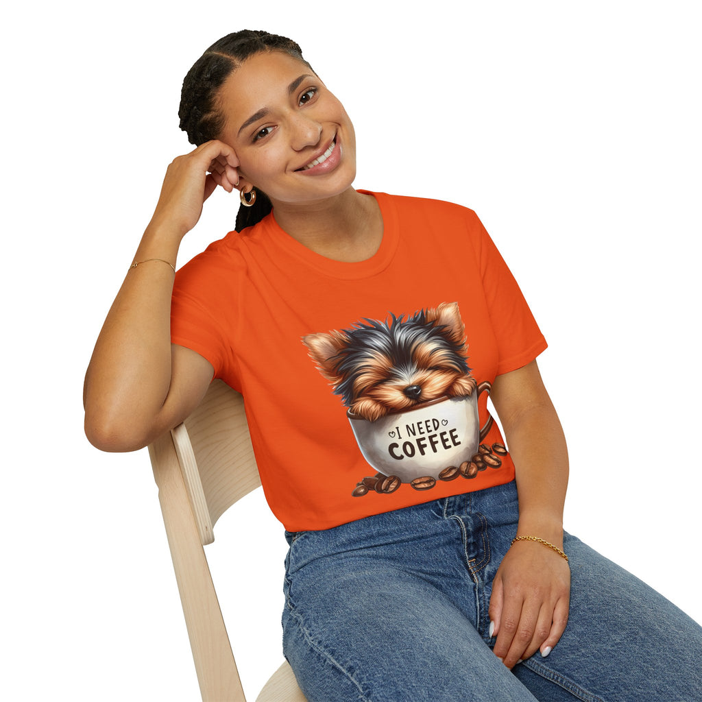Cute Yorkie in Coffee Cup T-Shirt | I Need Coffee Puppy Graphic Tee