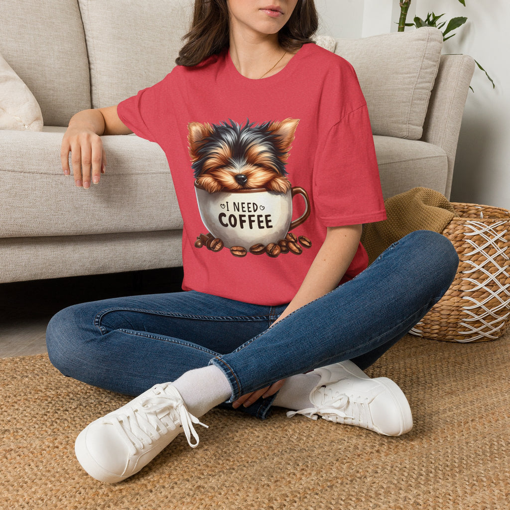 Cute Yorkie in Coffee Cup T-Shirt | I Need Coffee Puppy Graphic Tee