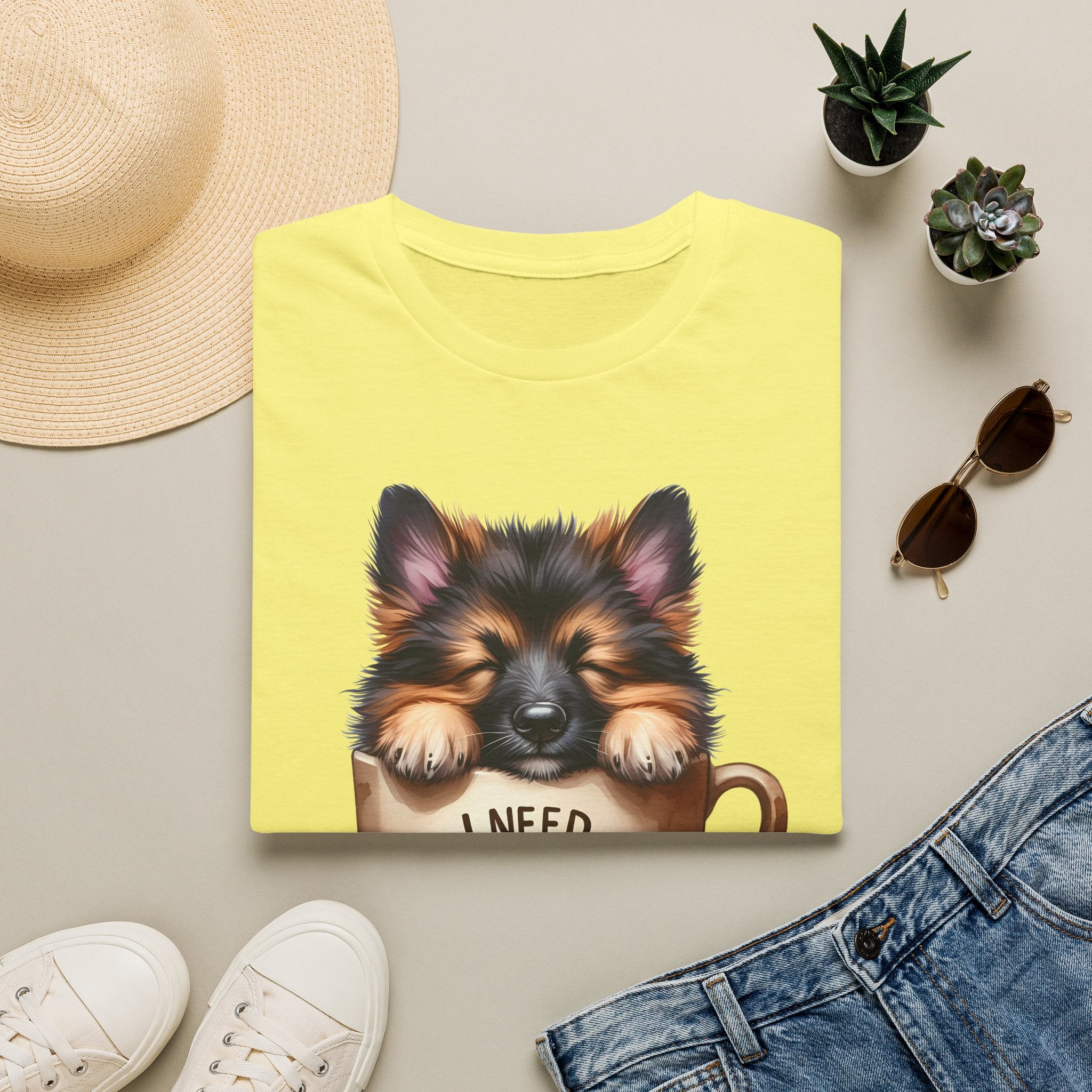German Shepherd Puppy I Need Coffee T-Shirt | Cute Dog Coffee Design