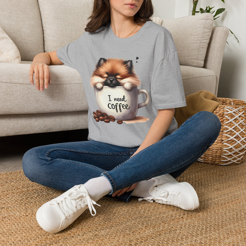 Cute Pomeranian in Coffee Mug T-Shirt | I Need Coffee, Dog Coffee Tee