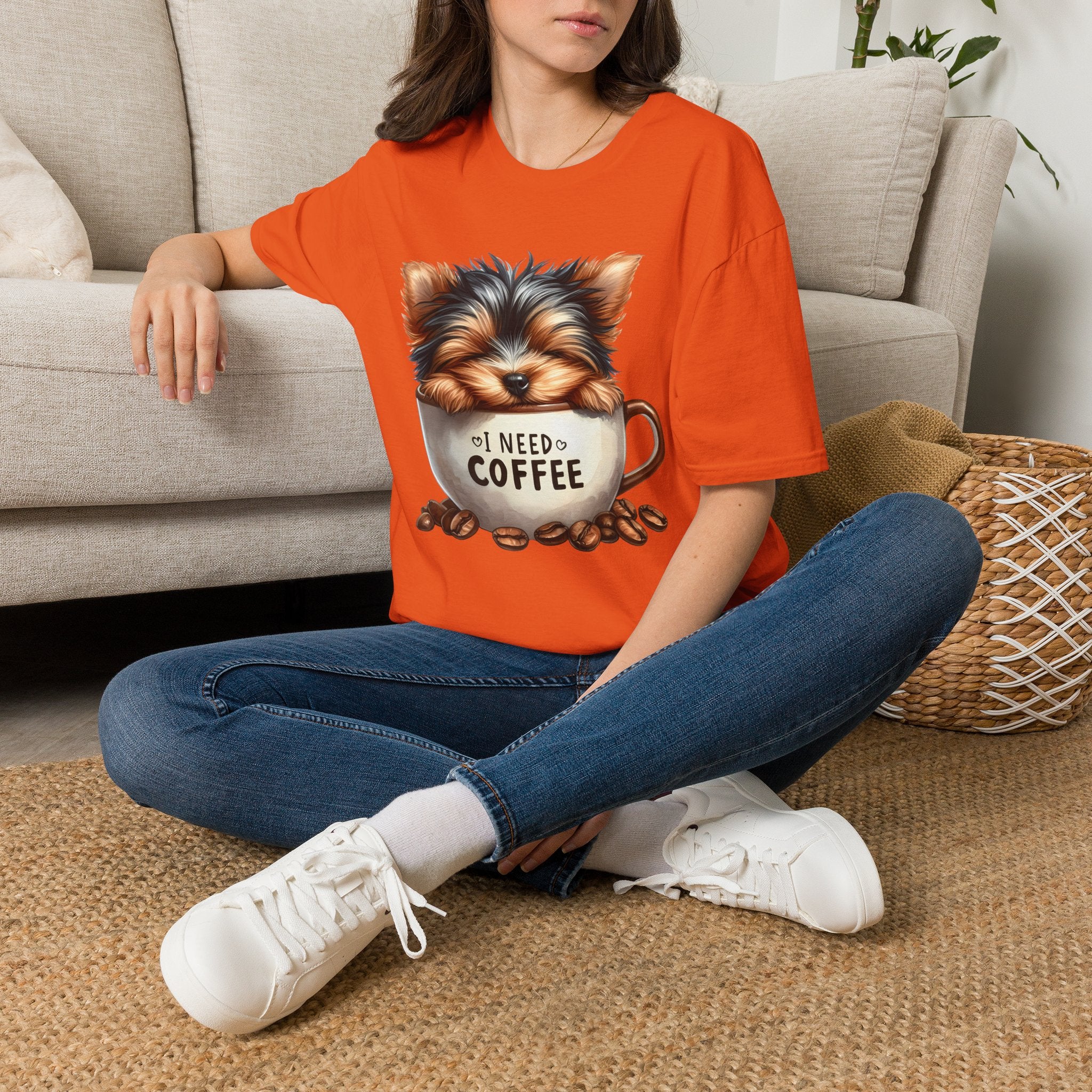 Cute Yorkie in Coffee Cup T-Shirt | I Need Coffee Puppy Graphic Tee