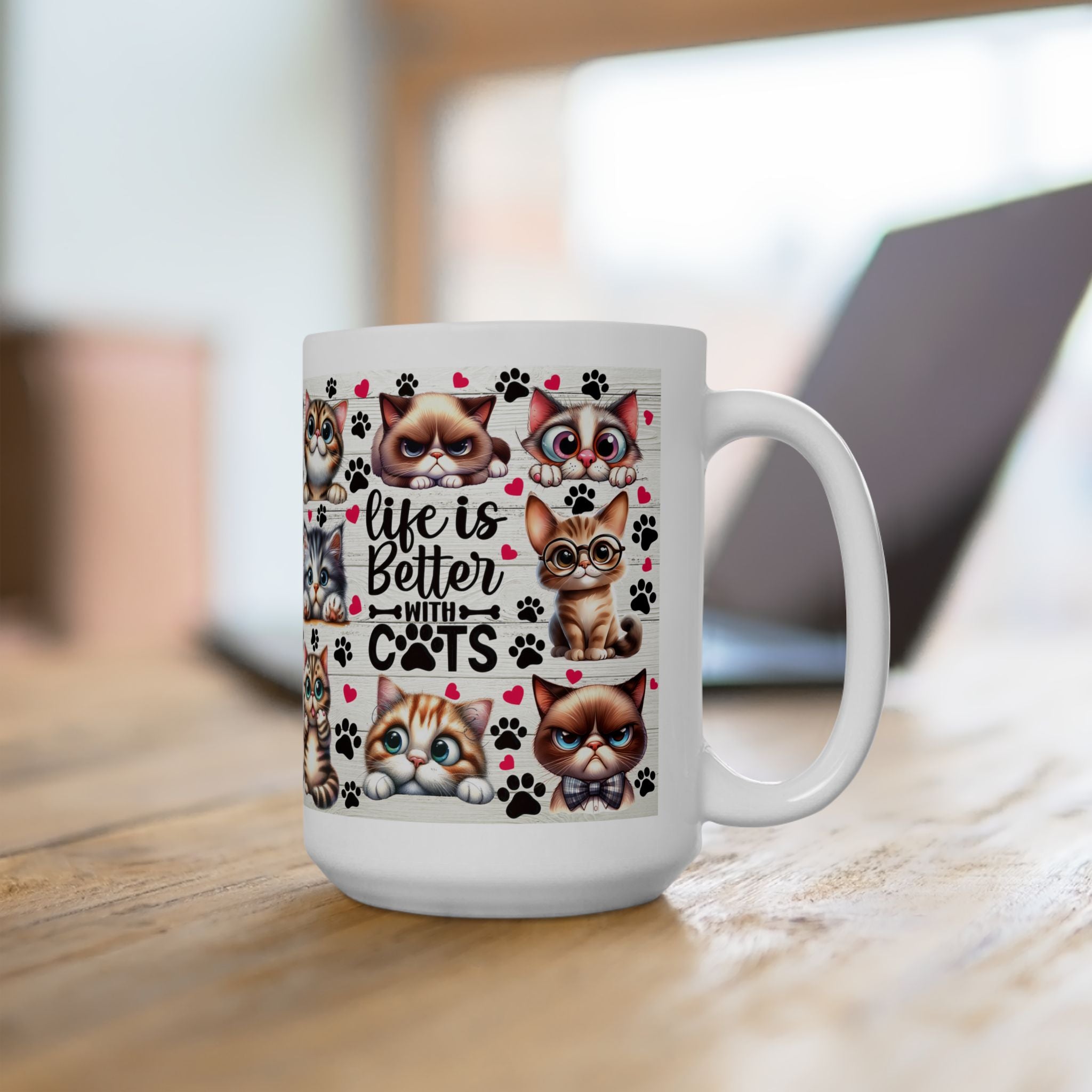 Cute Cartoon Cats Mug | Cute Cat Faces, Paw Prints Pattern Ceramic Mug
