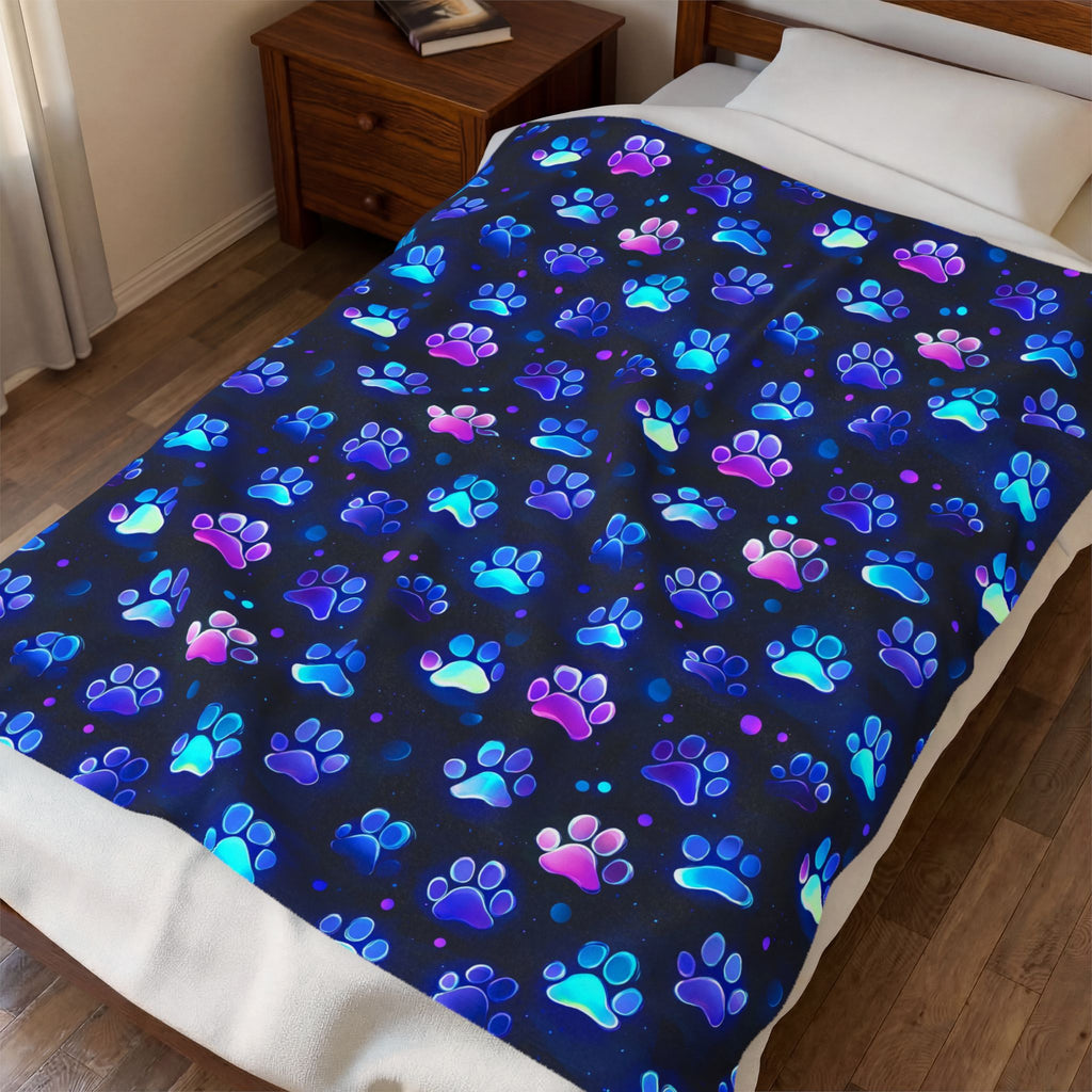 Neon Paw Prints Velveteen Plush Blanket | Blue Purple Gradient Paw Pattern