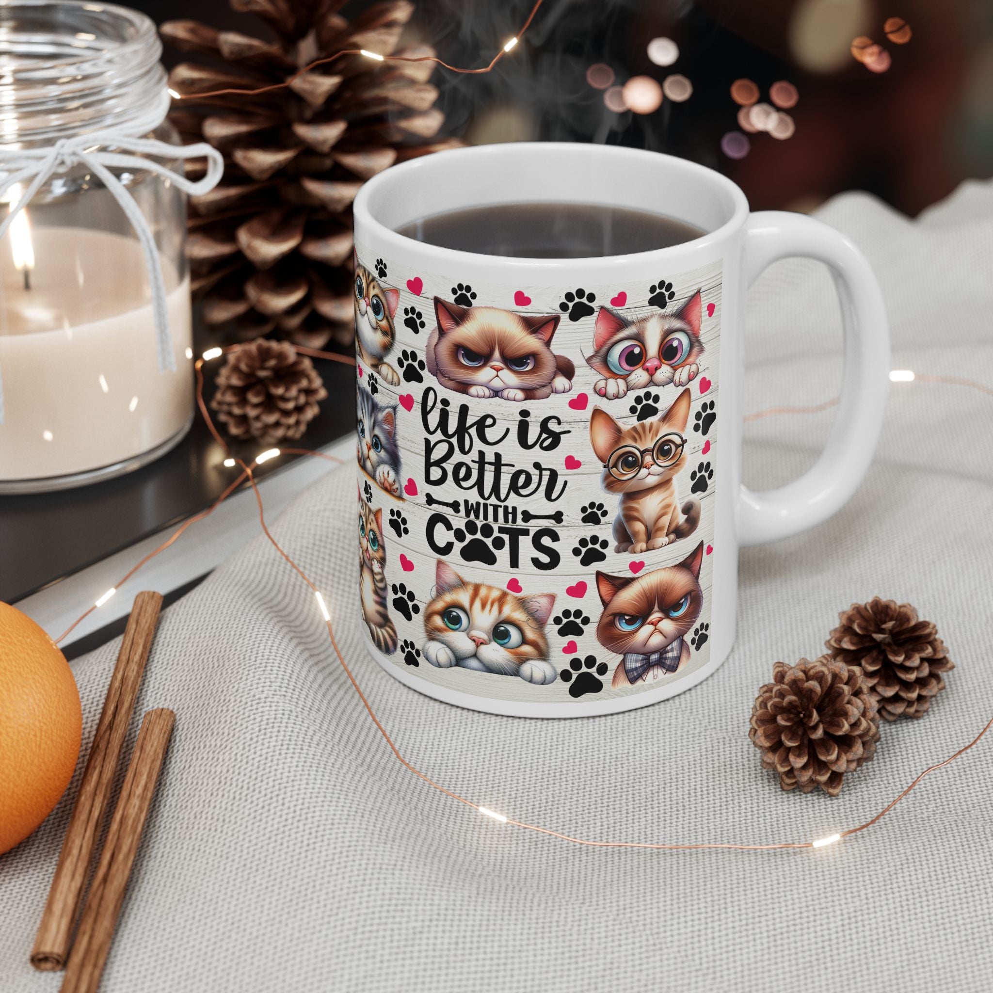 Cute Cartoon Cats Mug | Cute Cat Faces, Paw Prints Pattern Ceramic Mug