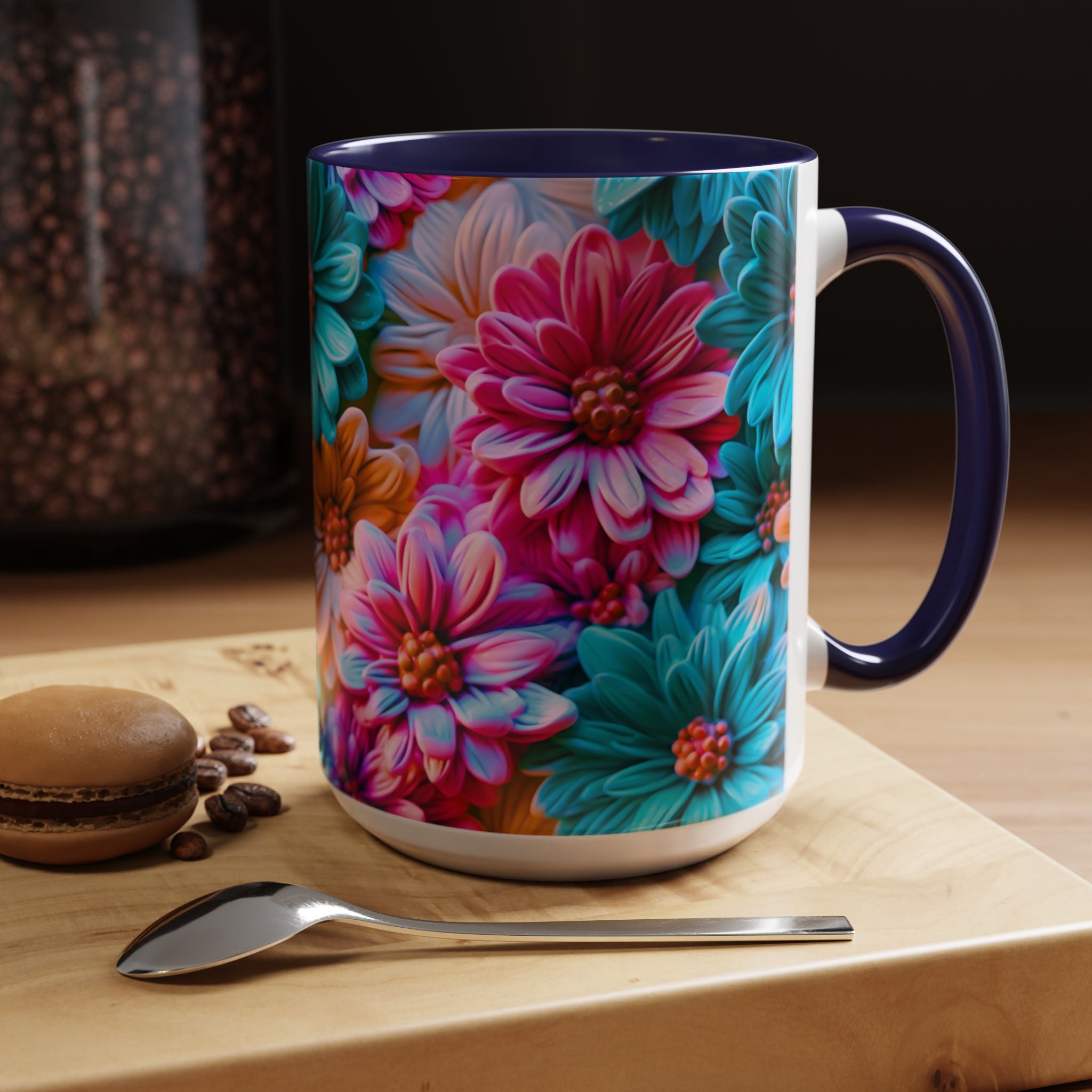 Vibrant Dahlia Floral Accent Mug | 11oz 15oz Ceramic Coffee Mug