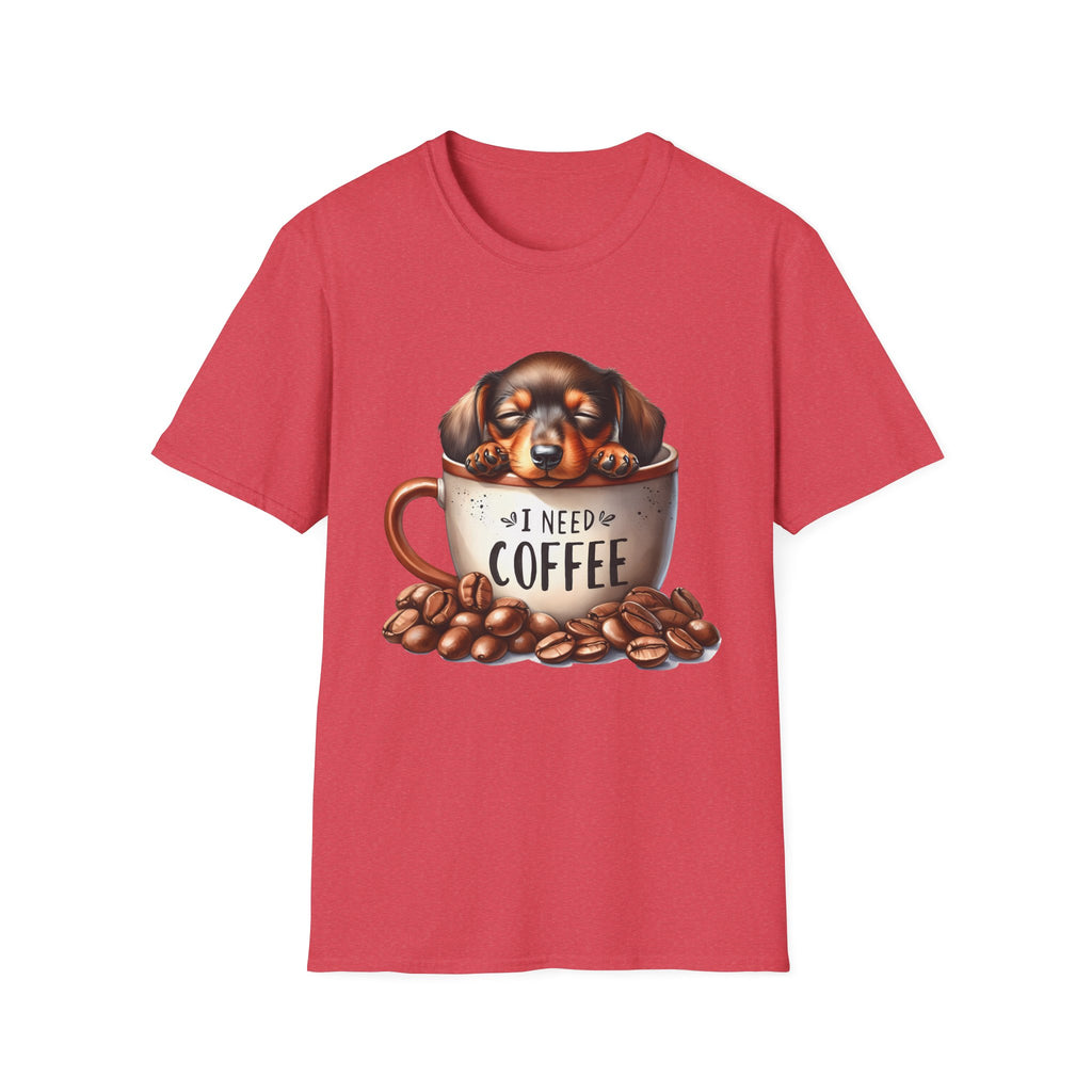 Sleepy Dachshund in Coffee Cup T-Shirt | I Need Coffee, Coffee Beans
