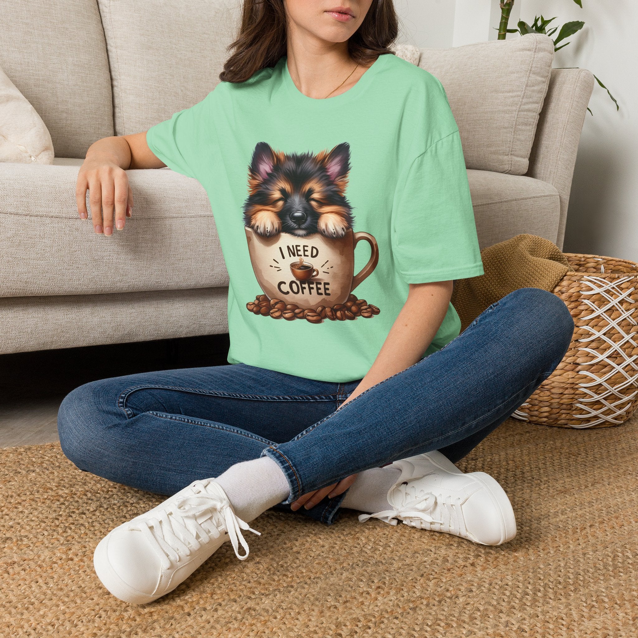 German Shepherd Puppy I Need Coffee T-Shirt | Cute Dog Coffee Design