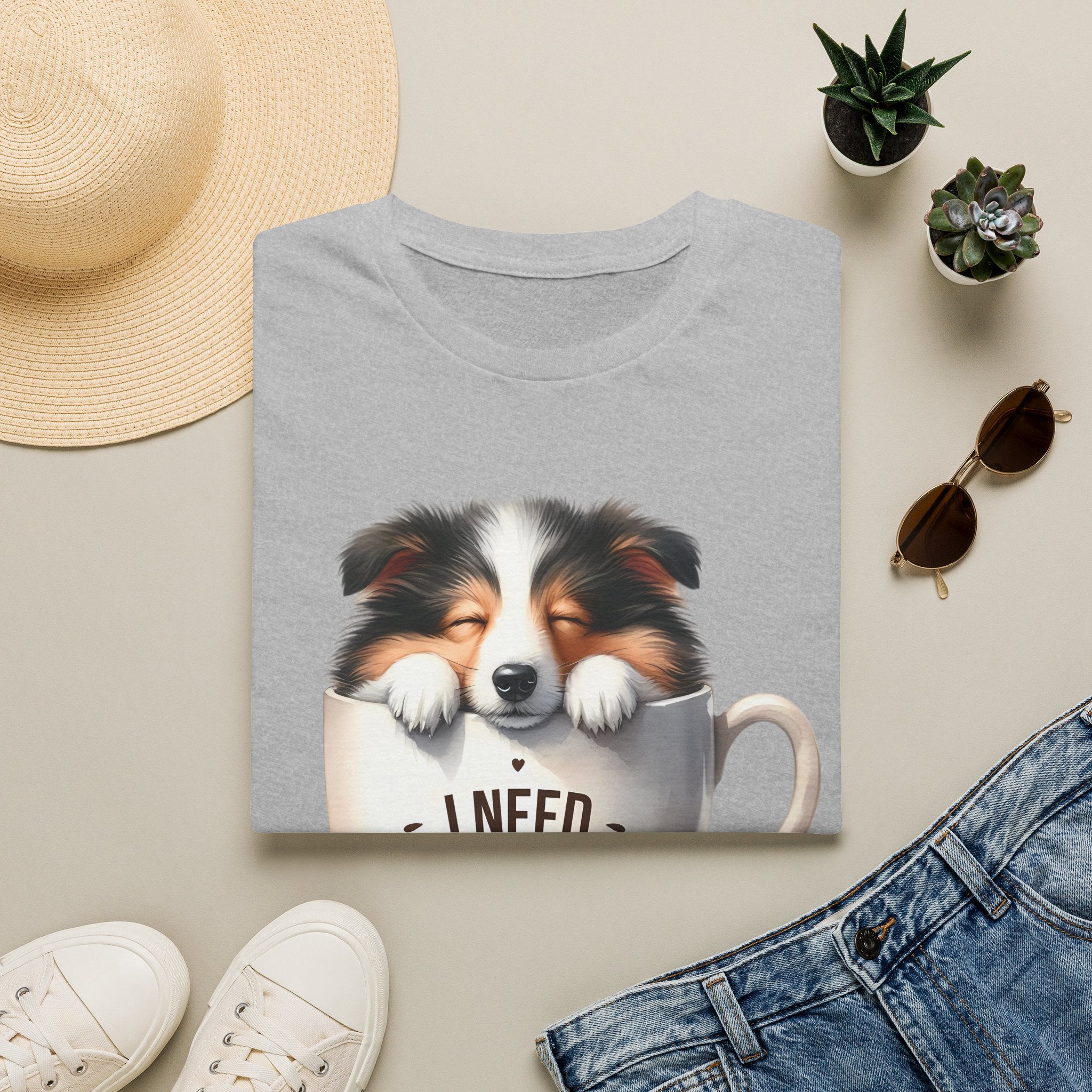 I Need Coffee Dog T-Shirt | Coffee Cup, Shetland Sheepdog Illustration