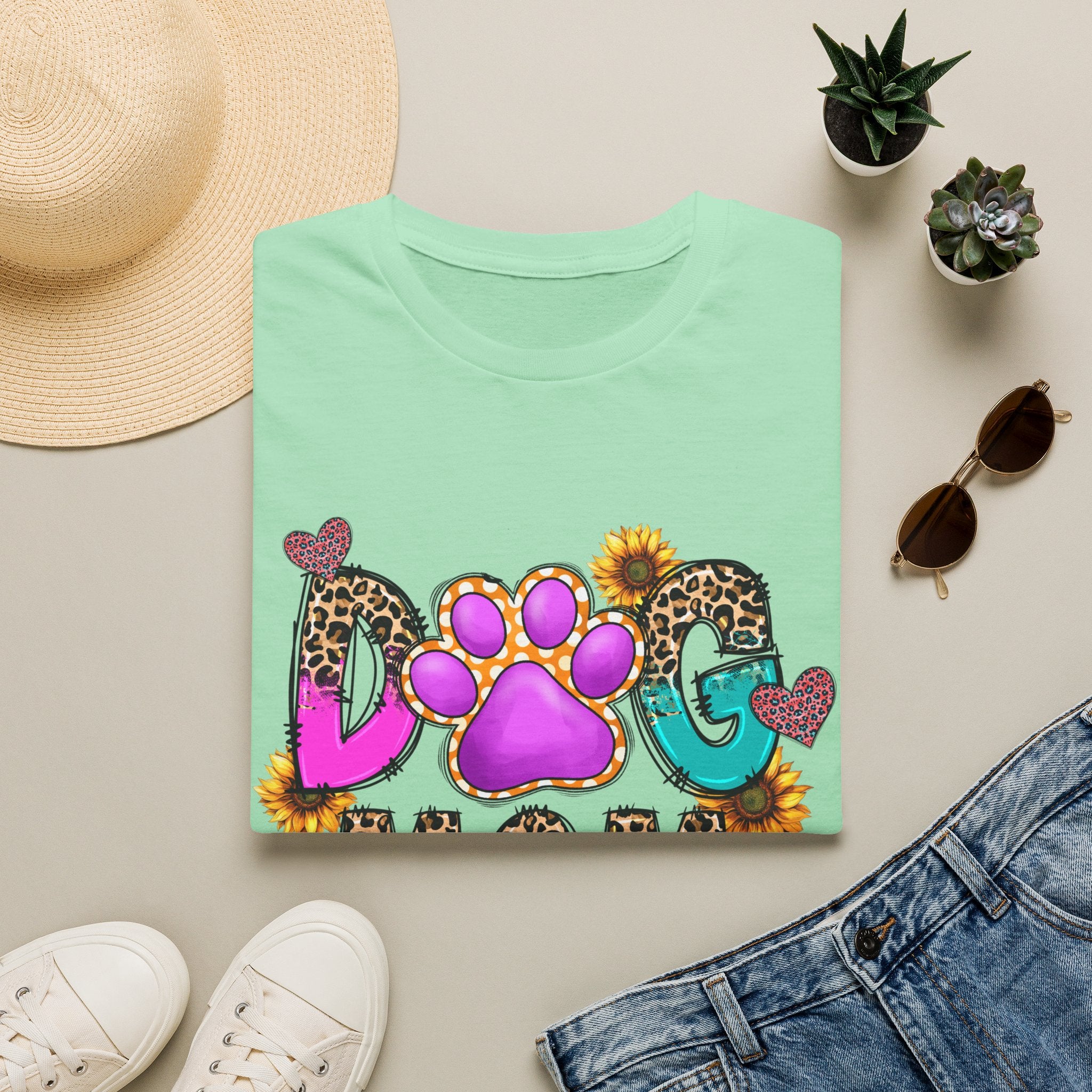 Dog Mom colorful paw print design T-Shirt | leopard hearts sunflower accents