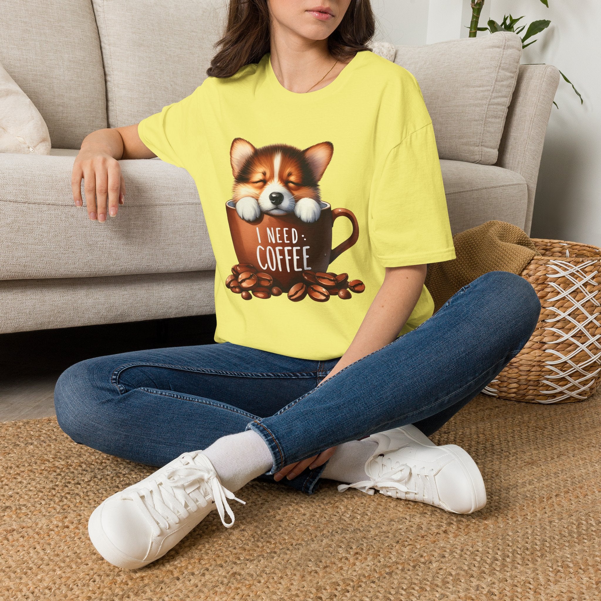 Sleeping Puppy in Coffee Cup T-Shirt | I Need Coffee, Cute Corgi Mug