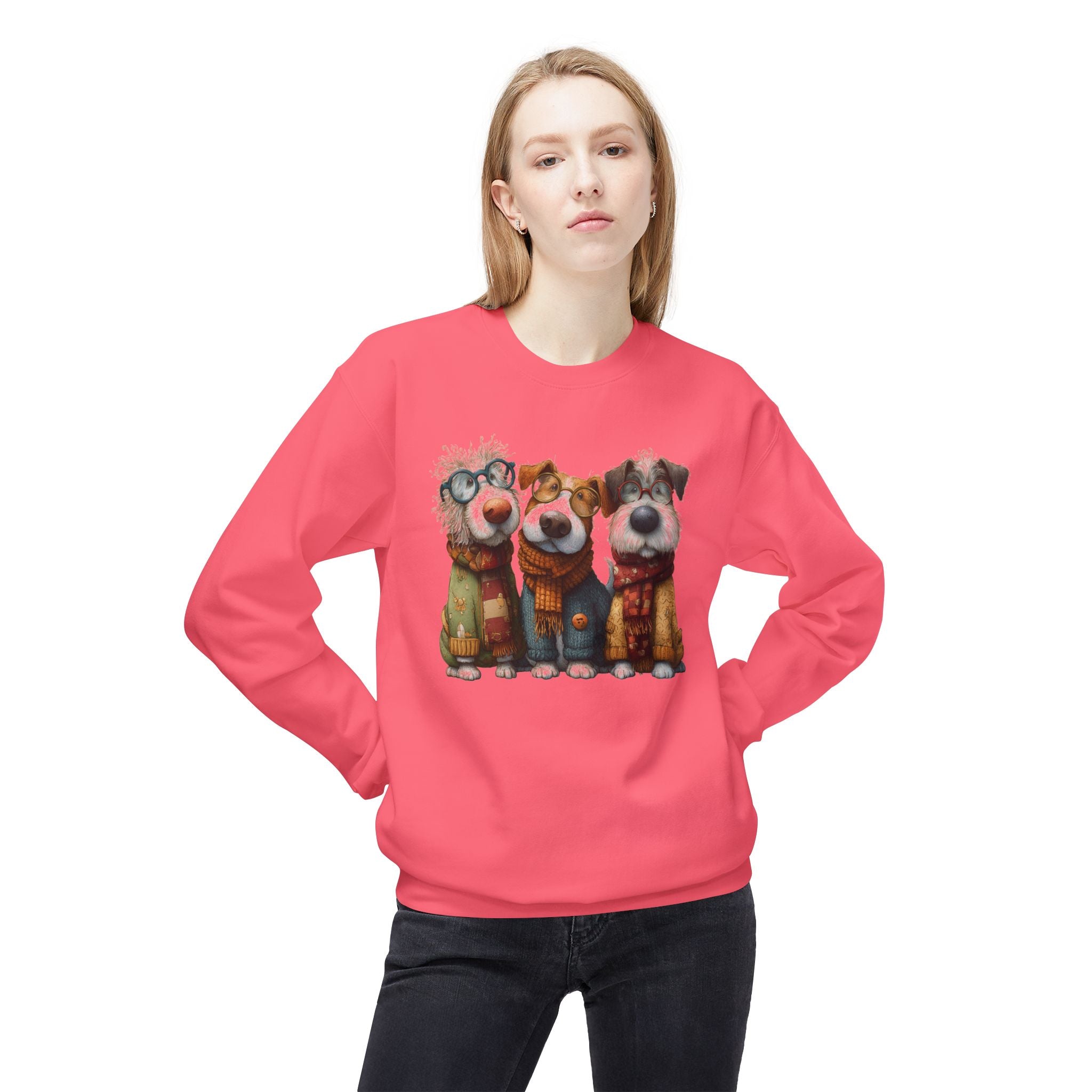 Three Cartoon Dogs in Scarves Sweatshirt | Cute Winter Pup Trio