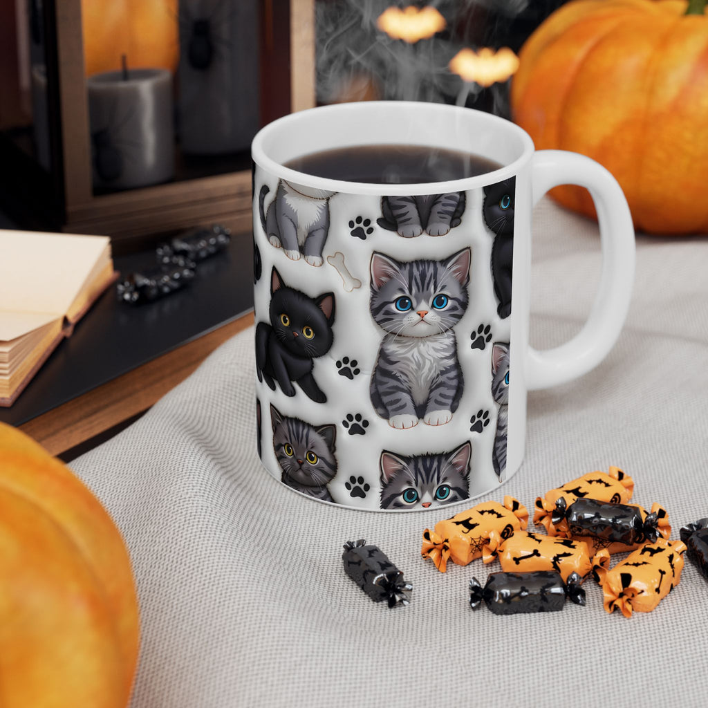 Cute Black and Tabby Kittens Mug | Ceramic Cat Pattern Mug