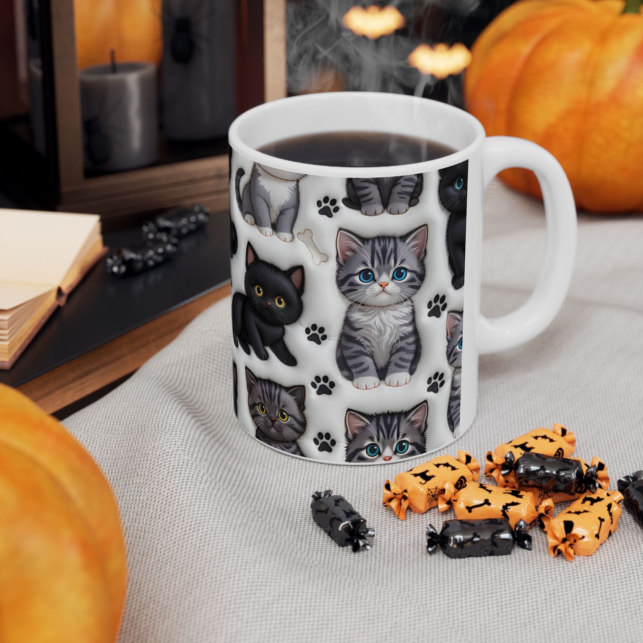 Cute Black and Tabby Kittens Mug | Ceramic Cat Pattern Mug