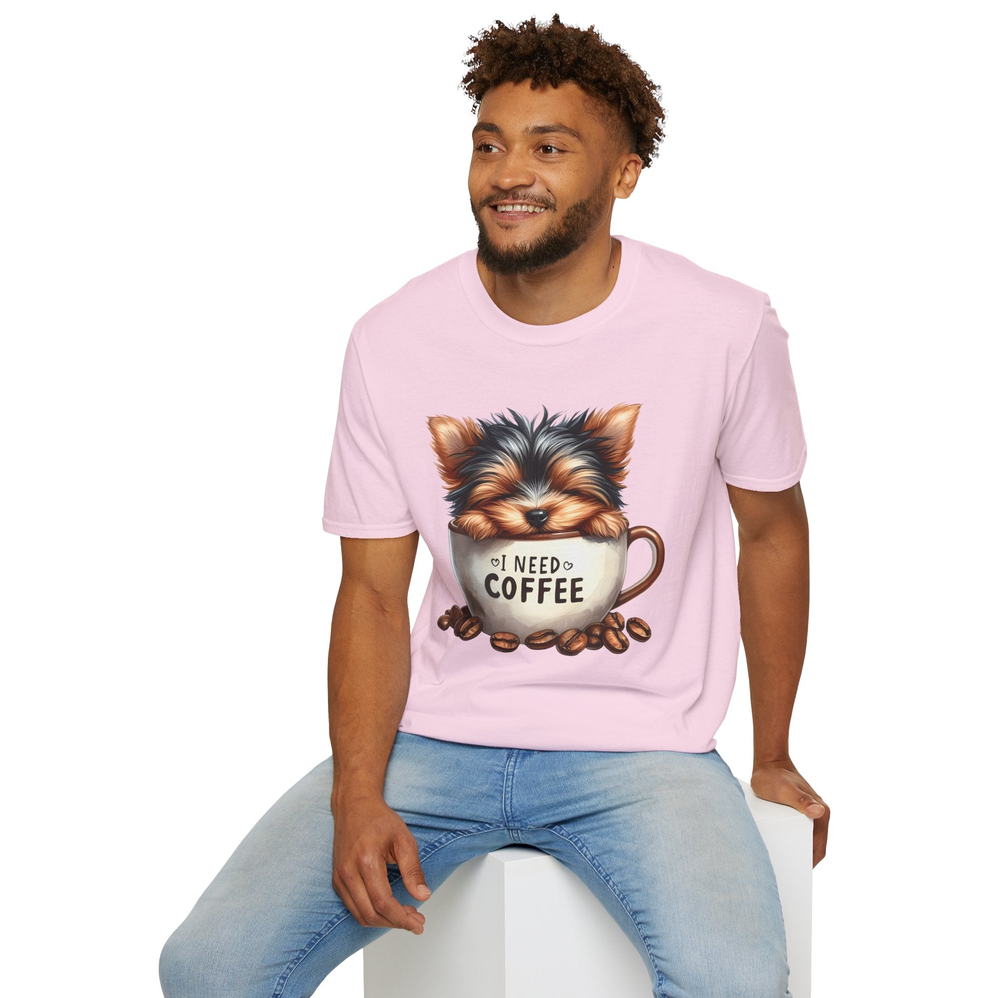 Cute Yorkie in Coffee Cup T-Shirt | I Need Coffee Puppy Graphic Tee