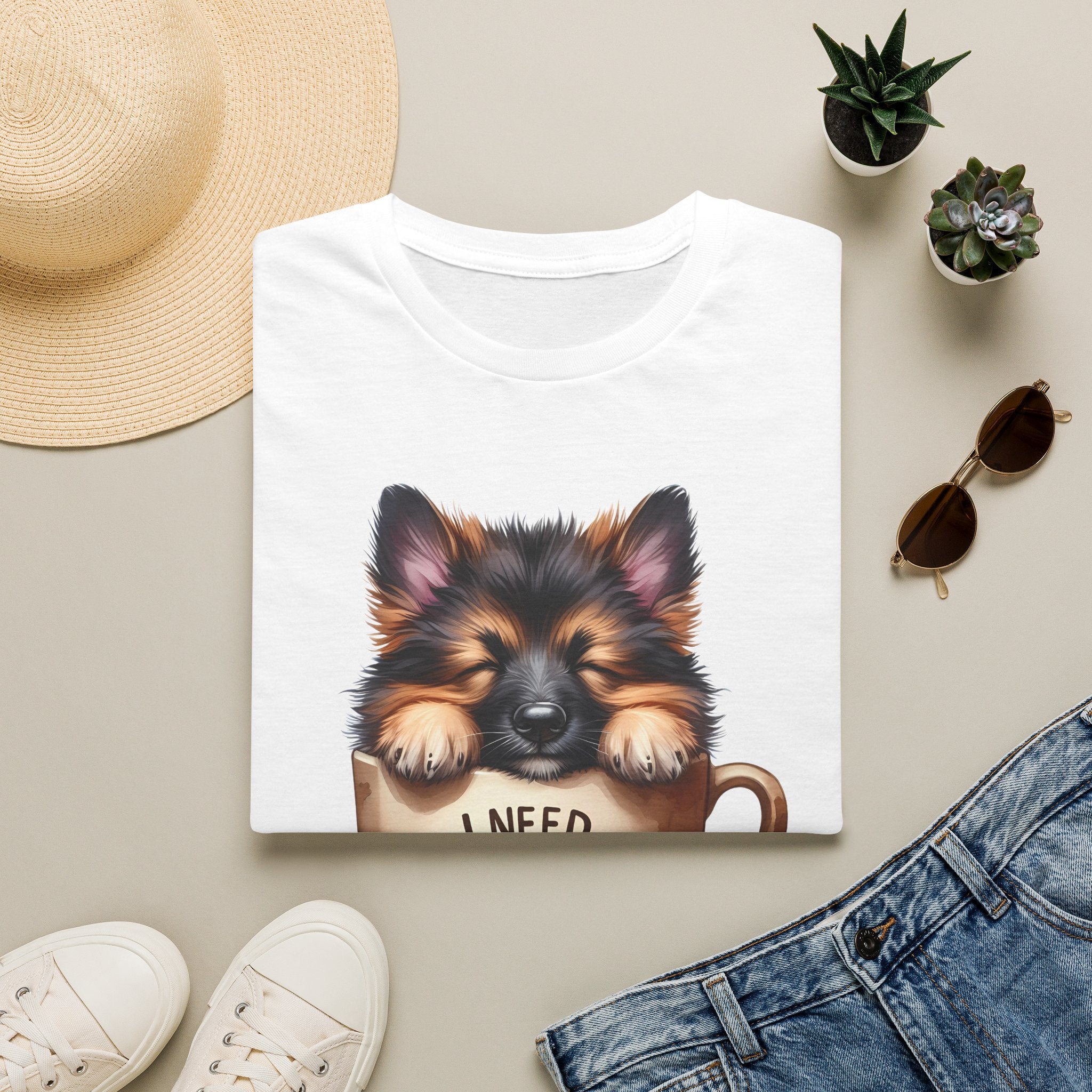 German Shepherd Puppy I Need Coffee T-Shirt | Cute Dog Coffee Design