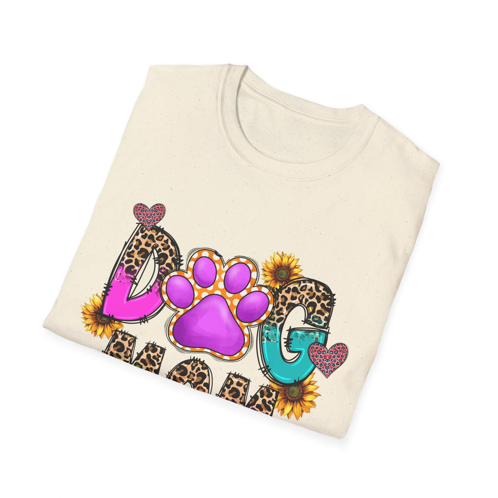 Dog Mom colorful paw print design T-Shirt | leopard hearts sunflower accents