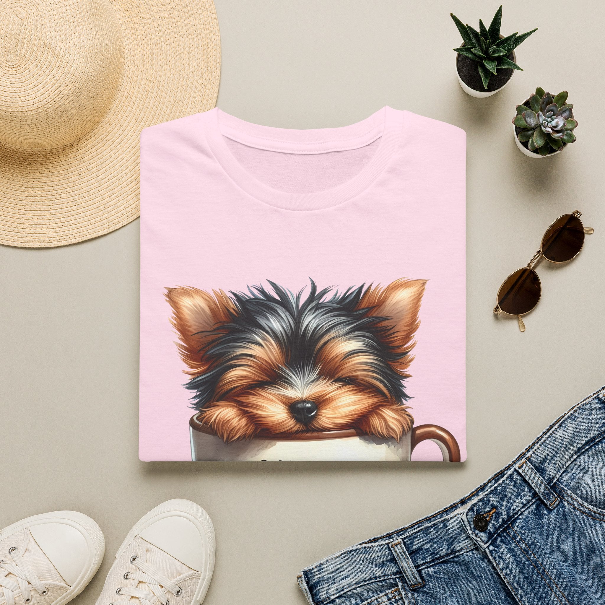 Cute Yorkie in Coffee Cup T-Shirt | I Need Coffee Puppy Graphic Tee
