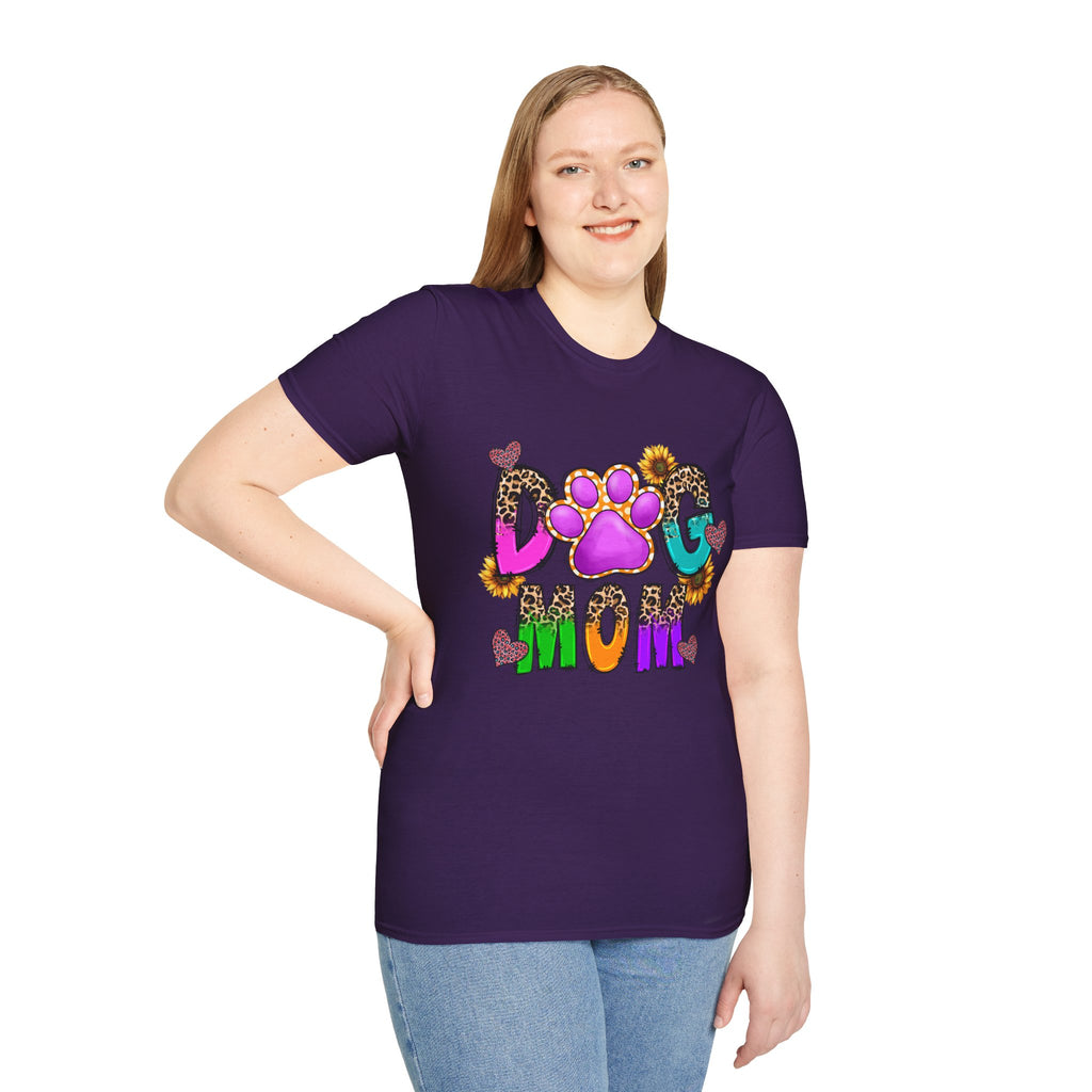 Dog Mom colorful paw print design T-Shirt | leopard hearts sunflower accents