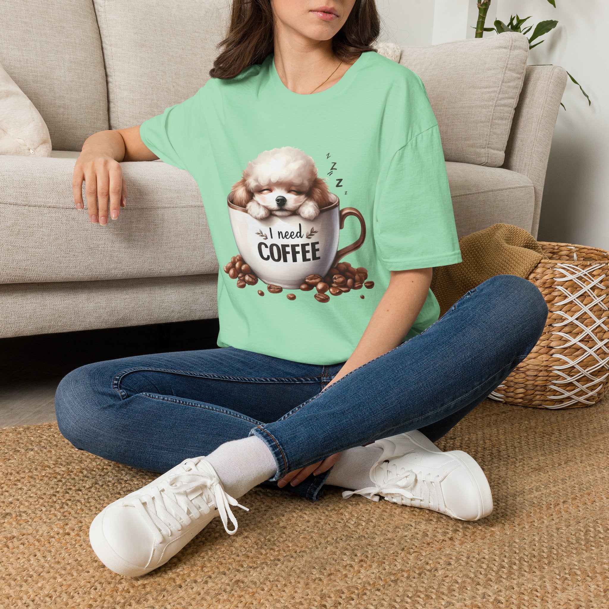 Sleeping Puppy in Coffee Cup T-Shirt | I Need Coffee Dog Design