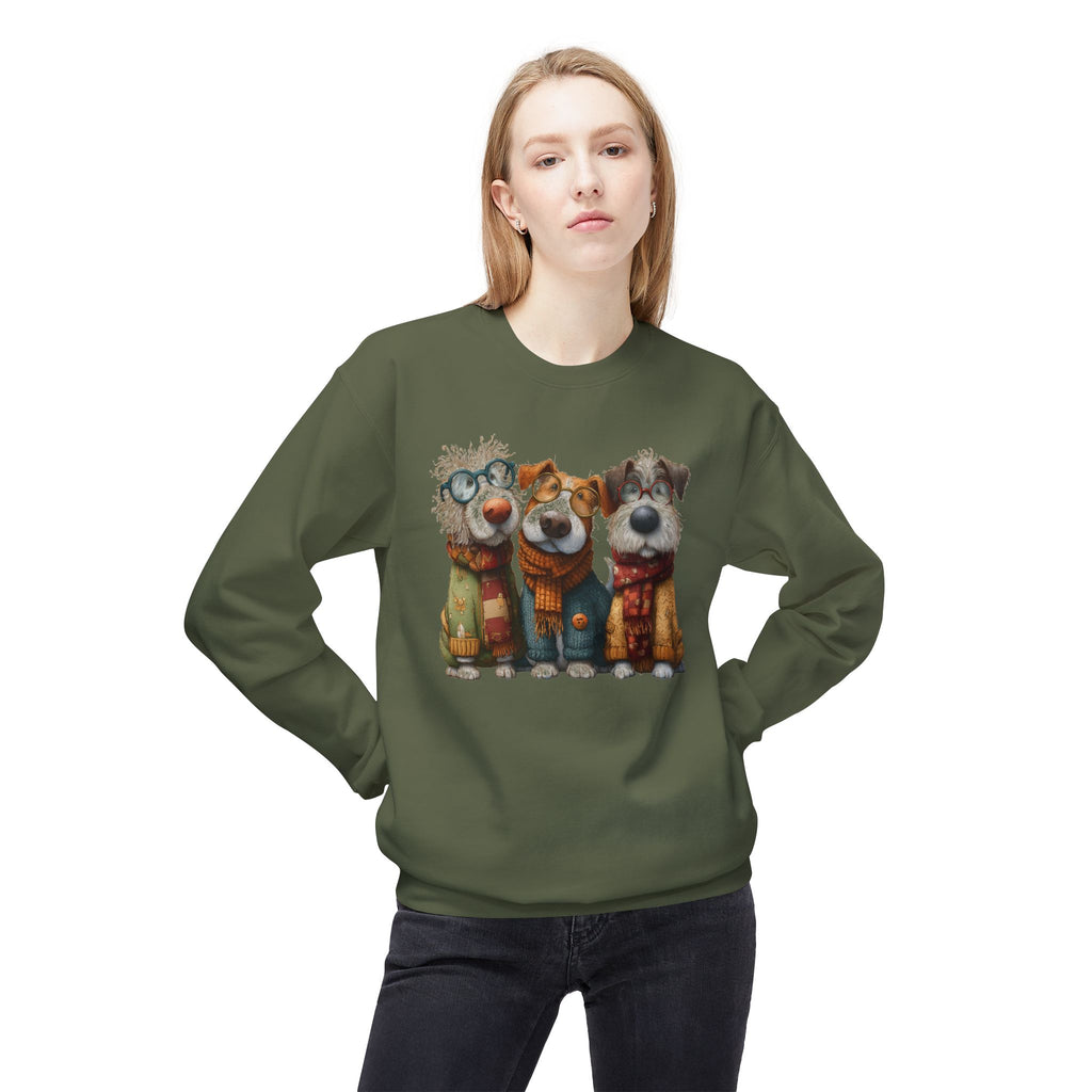 Three Cartoon Dogs in Scarves Sweatshirt | Cute Winter Pup Trio