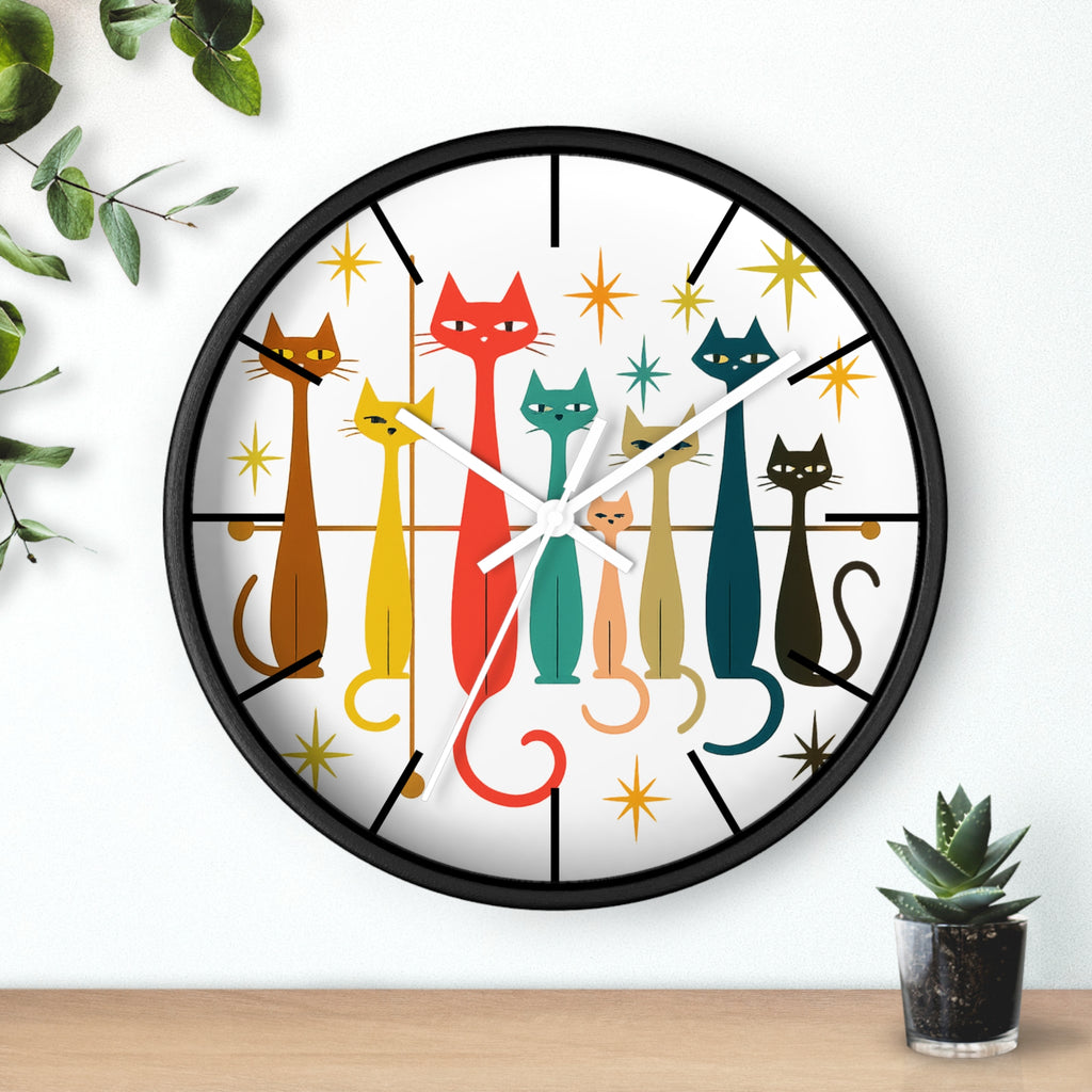 Retro Mid Century Modern Cats Wall Clock | Atomic Starburst Cat Design