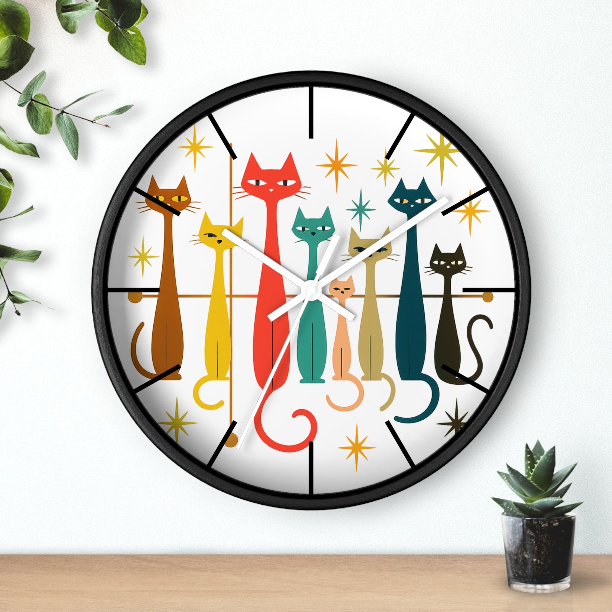 Retro Mid Century Modern Cats Wall Clock | Atomic Starburst Cat Design
