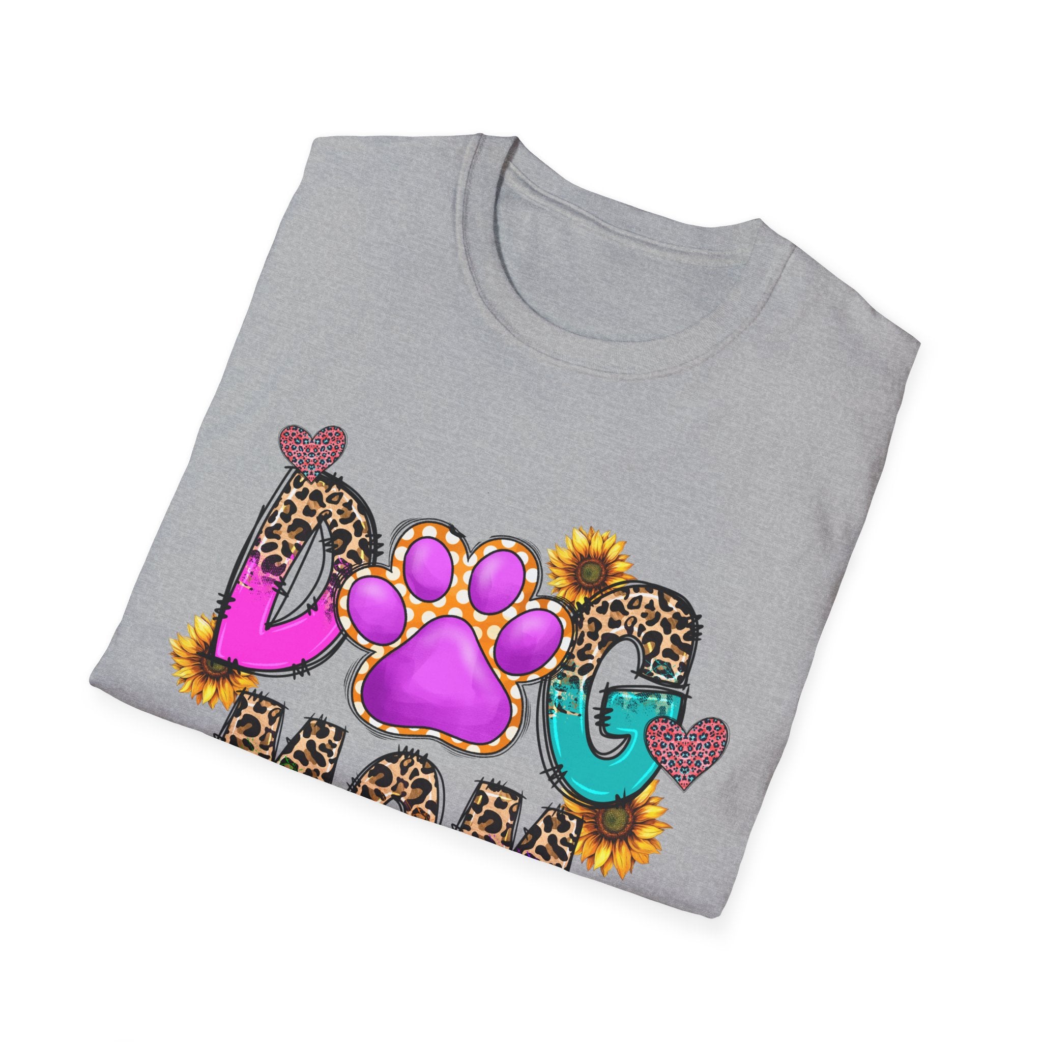 Dog Mom colorful paw print design T-Shirt | leopard hearts sunflower accents