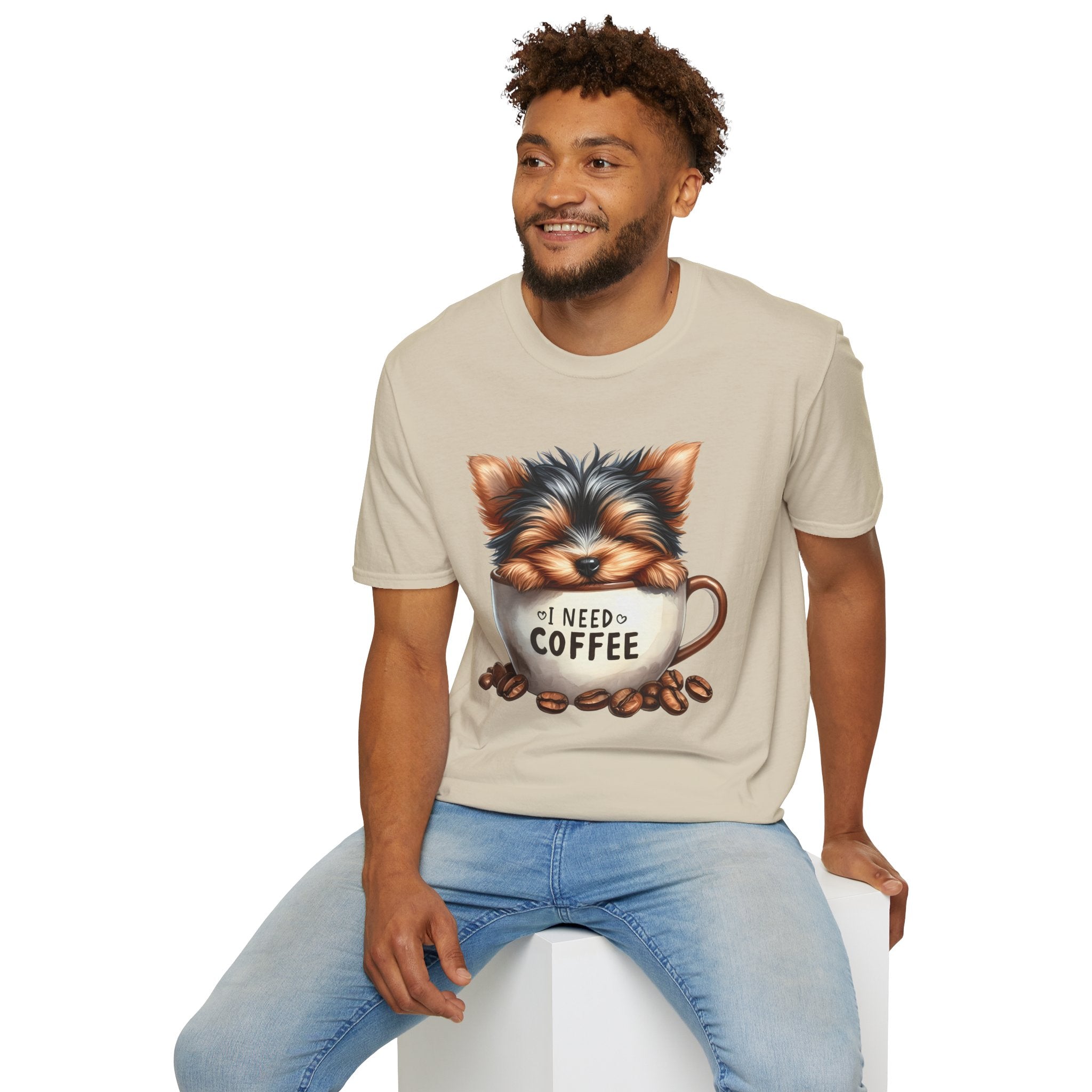 Cute Yorkie in Coffee Cup T-Shirt | I Need Coffee Puppy Graphic Tee