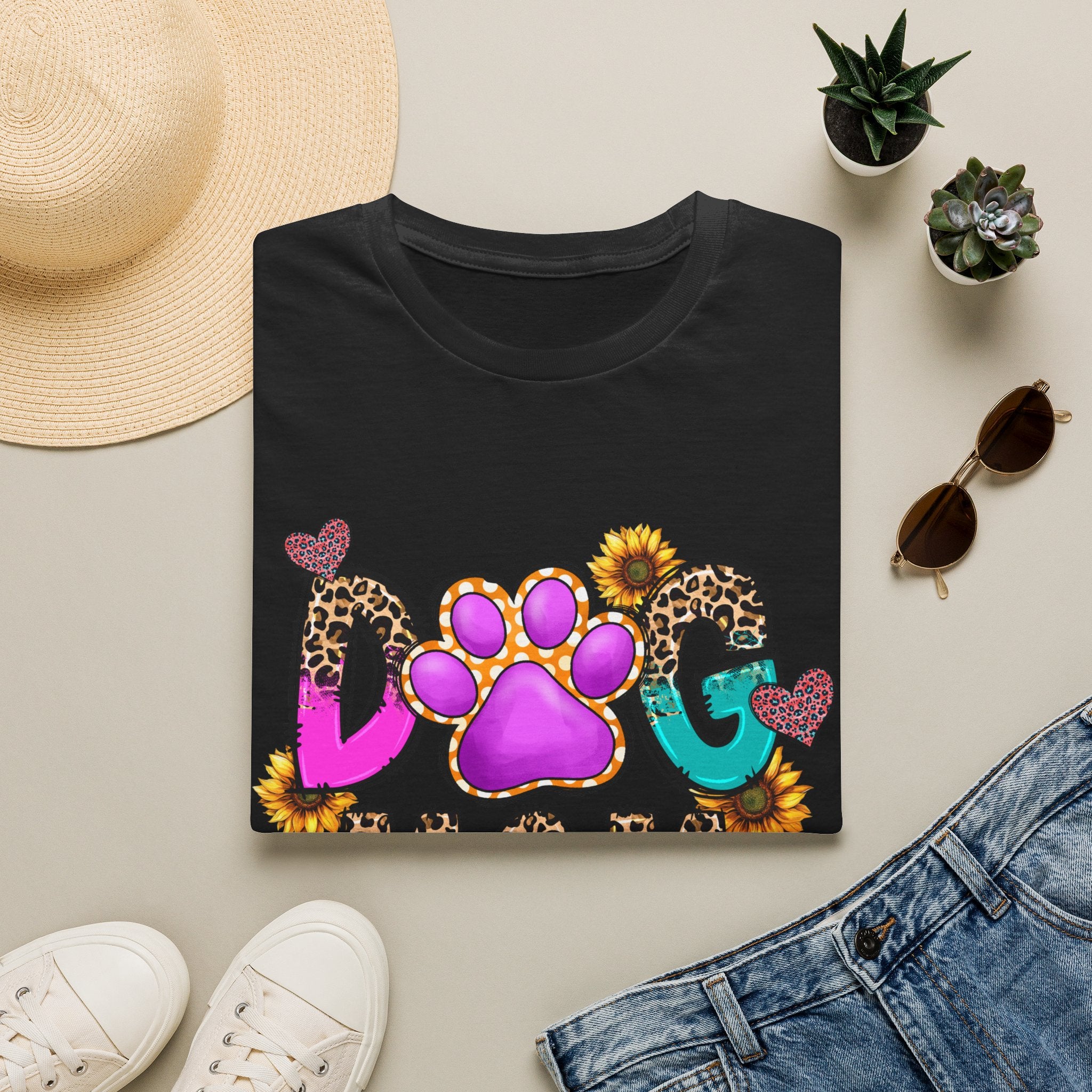 Dog Mom colorful paw print design T-Shirt | leopard hearts sunflower accents