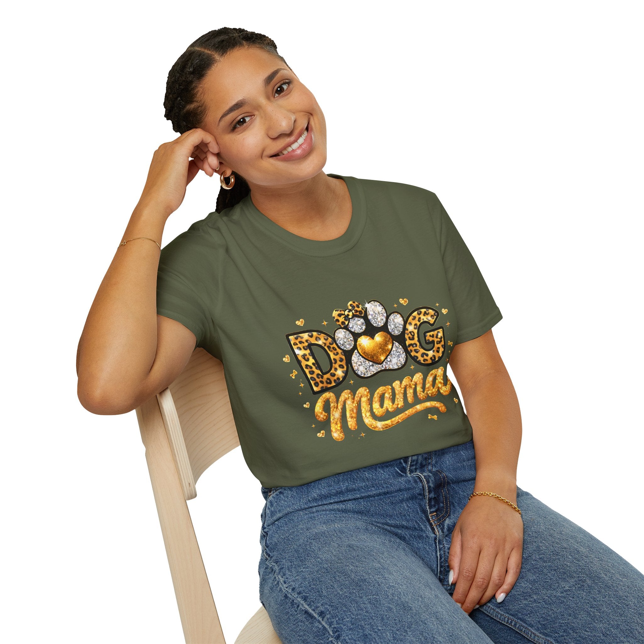 Dog Mama T-Shirt | Leopard Heart Paw Print, Gold Glitter Script