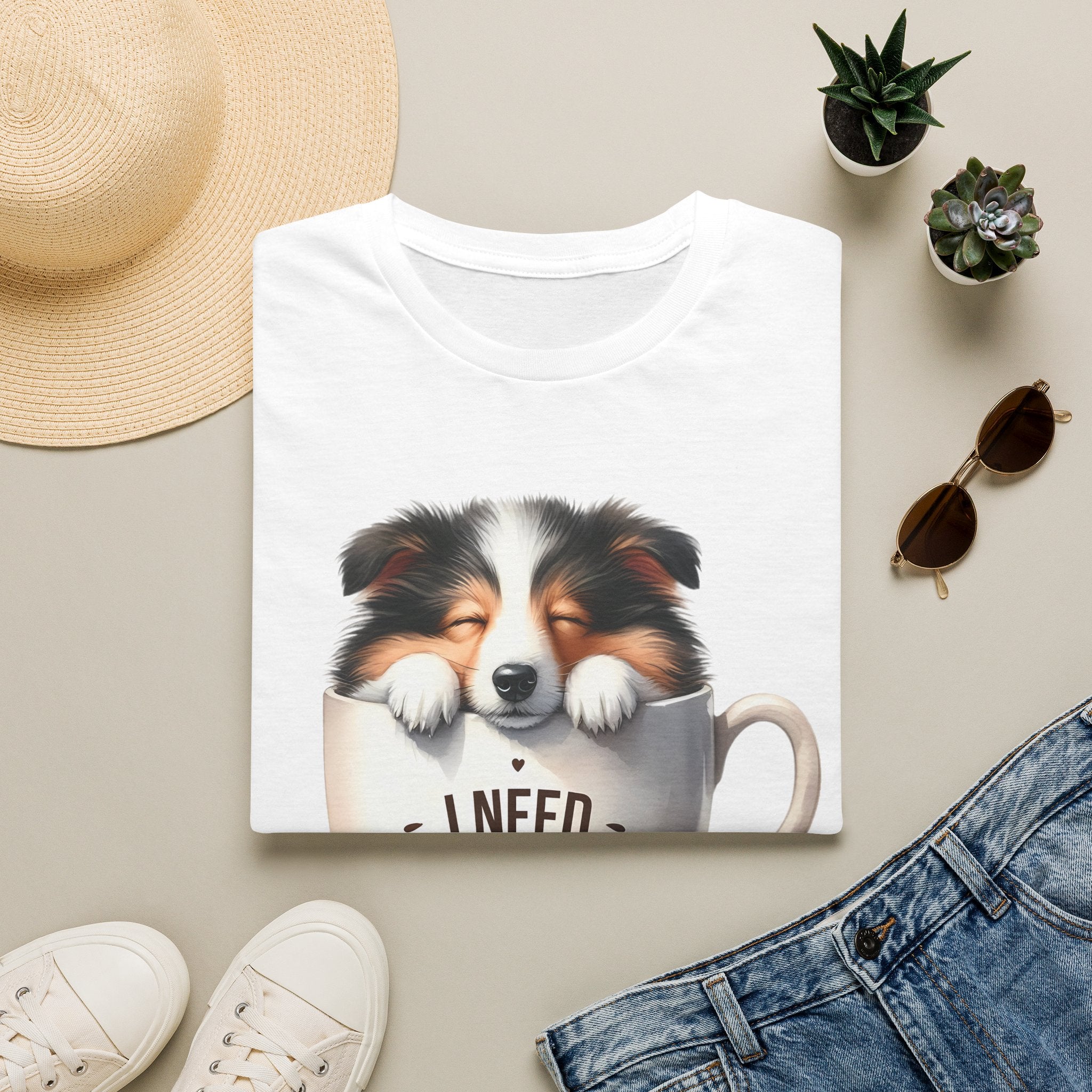 I Need Coffee Dog T-Shirt | Coffee Cup, Shetland Sheepdog Illustration