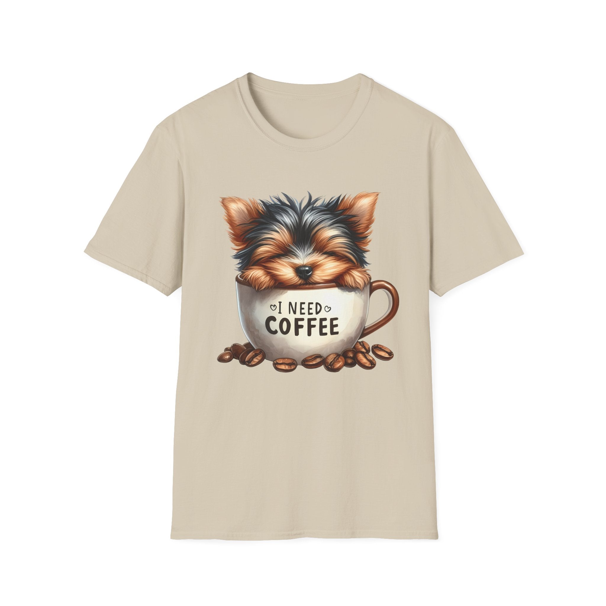Cute Yorkie in Coffee Cup T-Shirt | I Need Coffee Puppy Graphic Tee