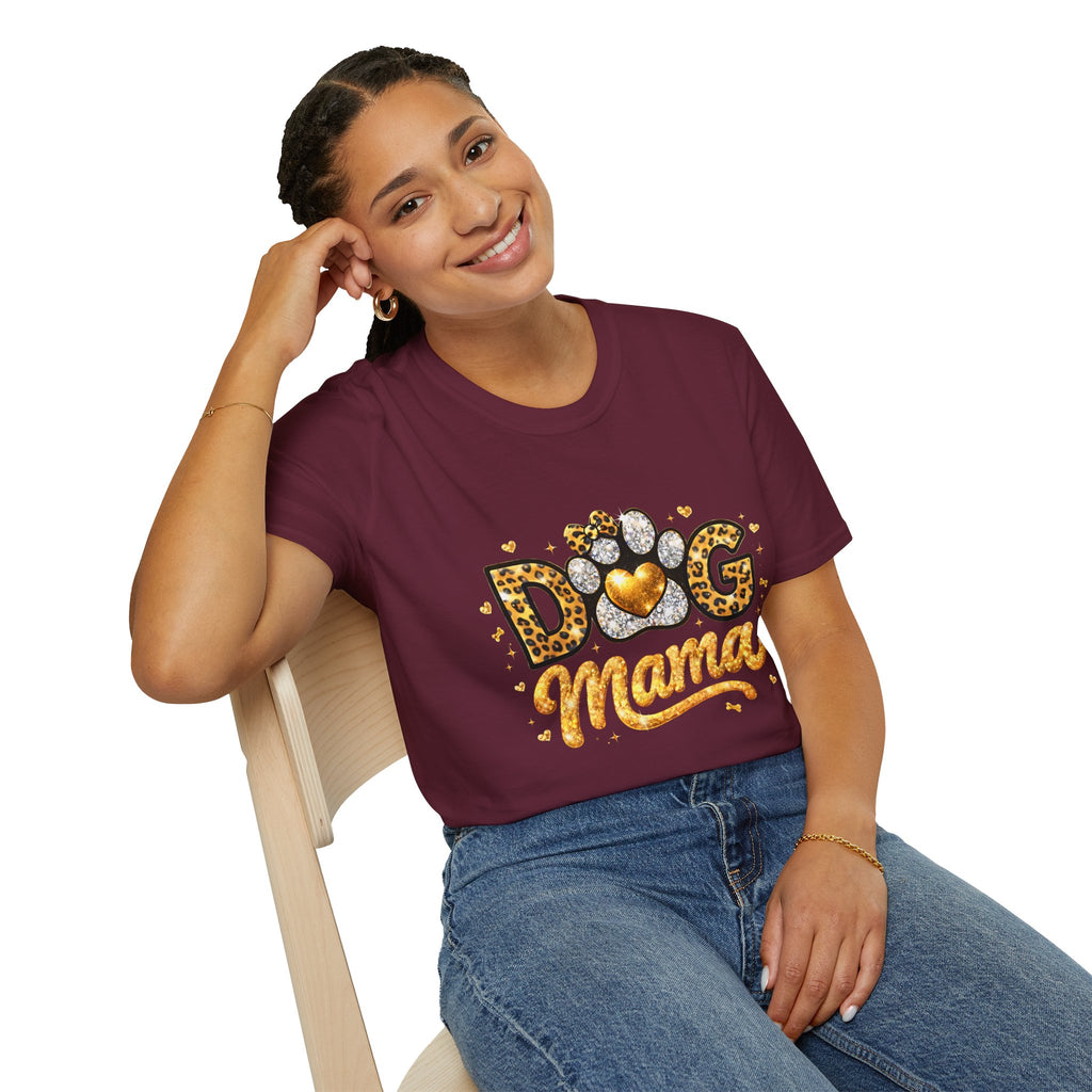 Dog Mama T-Shirt | Leopard Heart Paw Print, Gold Glitter Script