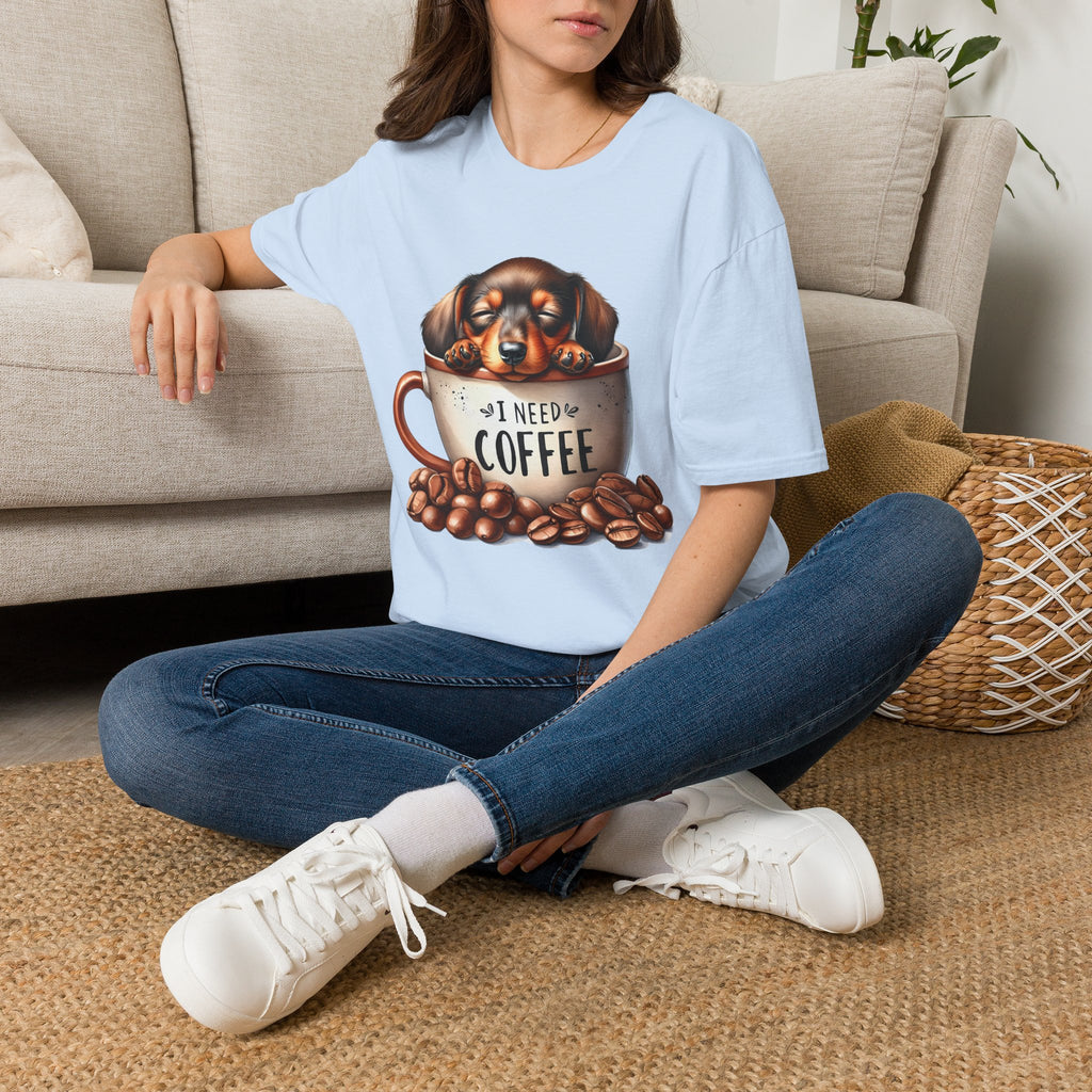 Sleepy Dachshund in Coffee Cup T-Shirt | I Need Coffee, Coffee Beans