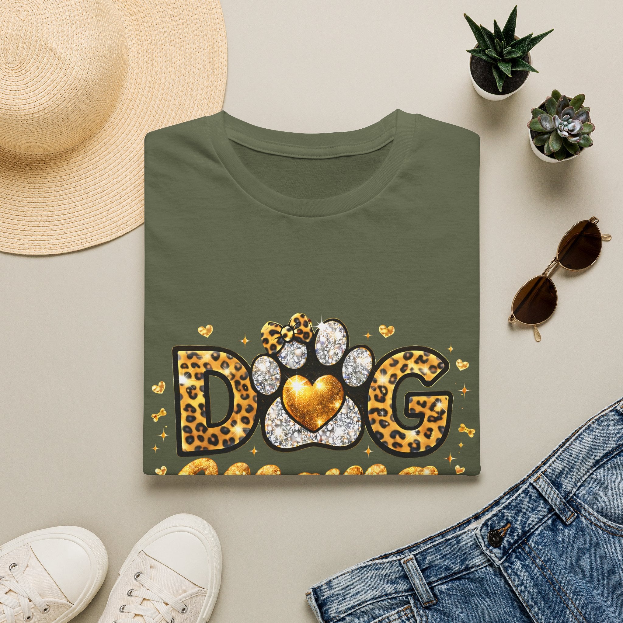 Dog Mama T-Shirt | Leopard Heart Paw Print, Gold Glitter Script