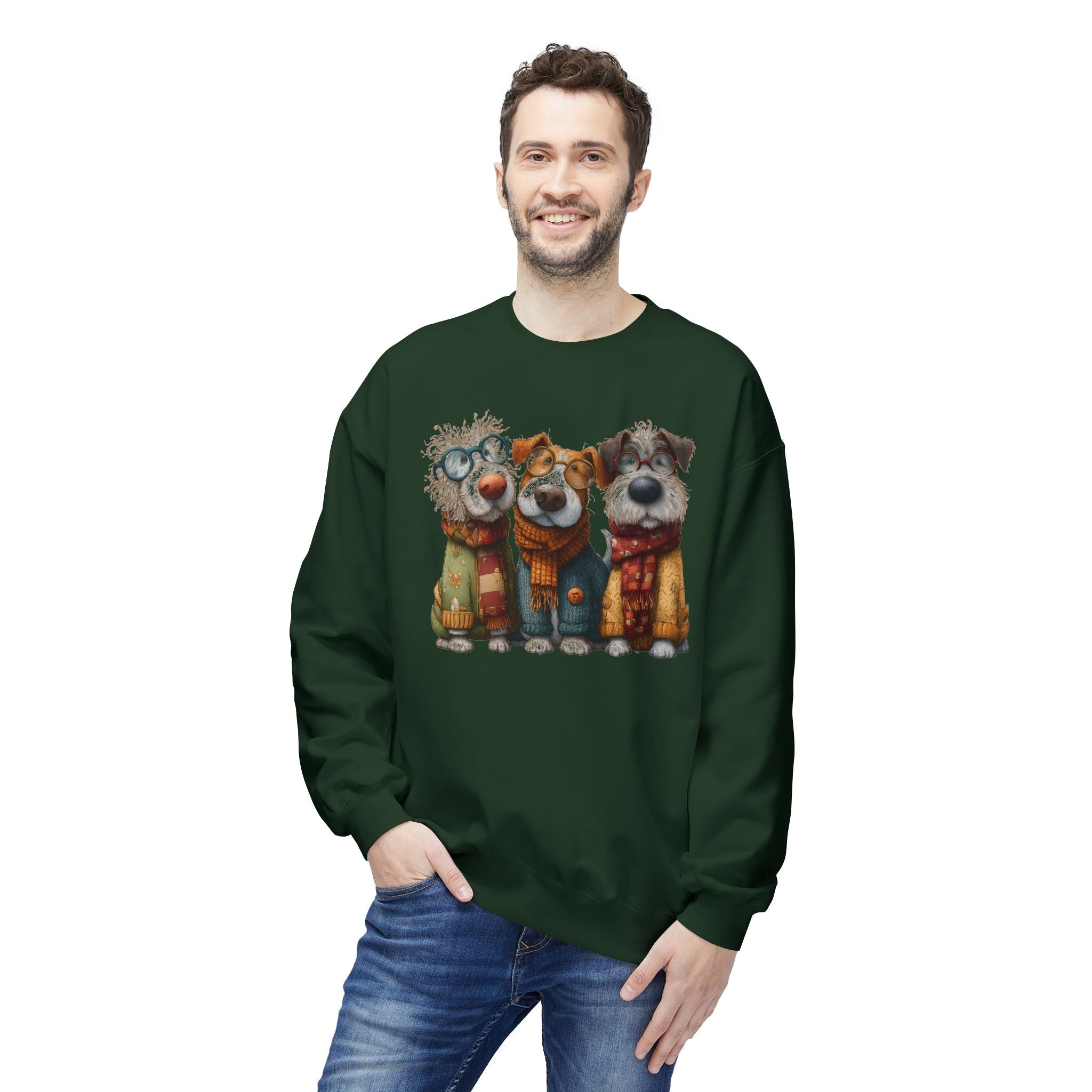Three Cartoon Dogs in Scarves Sweatshirt | Cute Winter Pup Trio