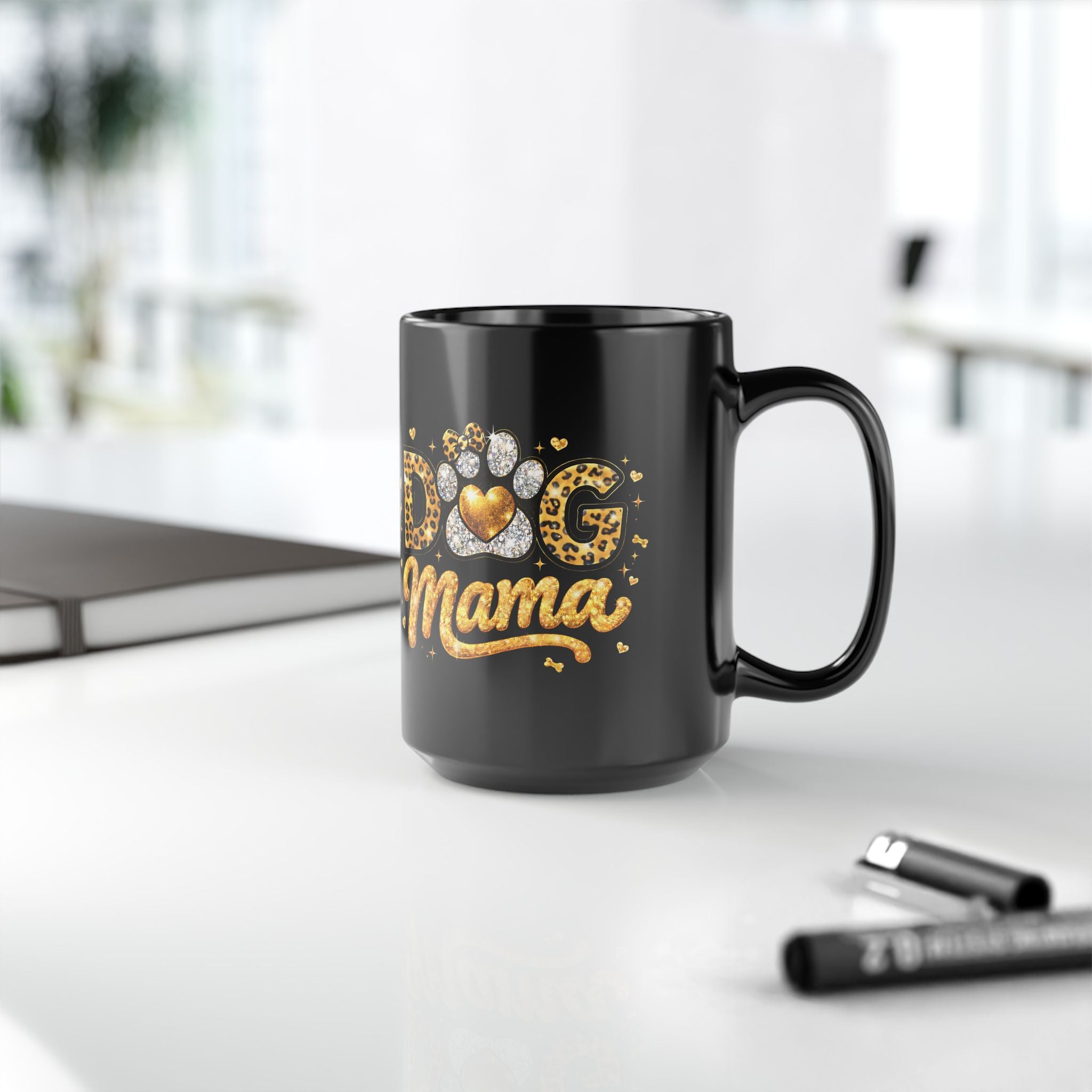 Dog Mama Black Mug | Paw Print Leopard Heart Design