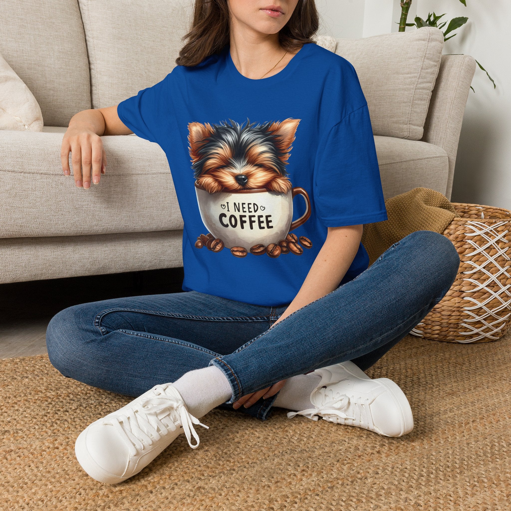 Cute Yorkie in Coffee Cup T-Shirt | I Need Coffee Puppy Graphic Tee