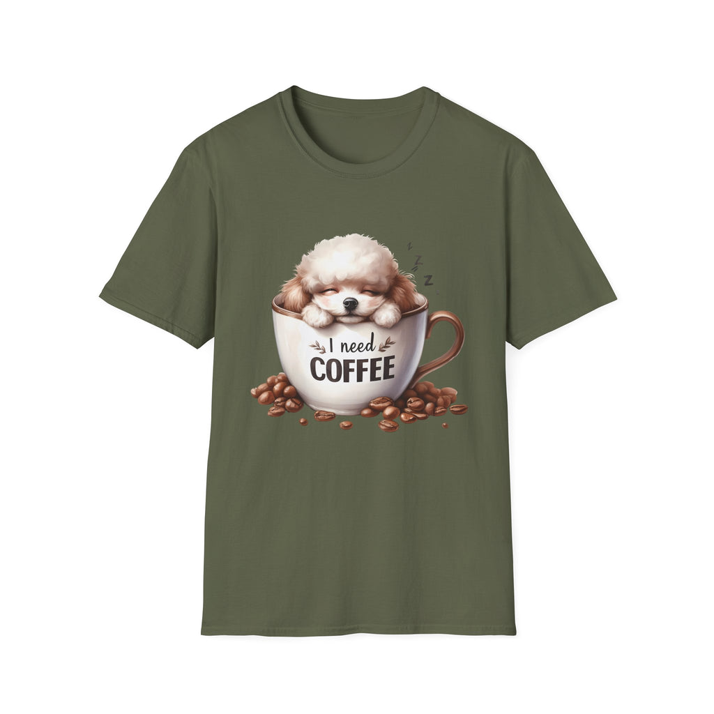 Sleeping Puppy in Coffee Cup T-Shirt | I Need Coffee Dog Design