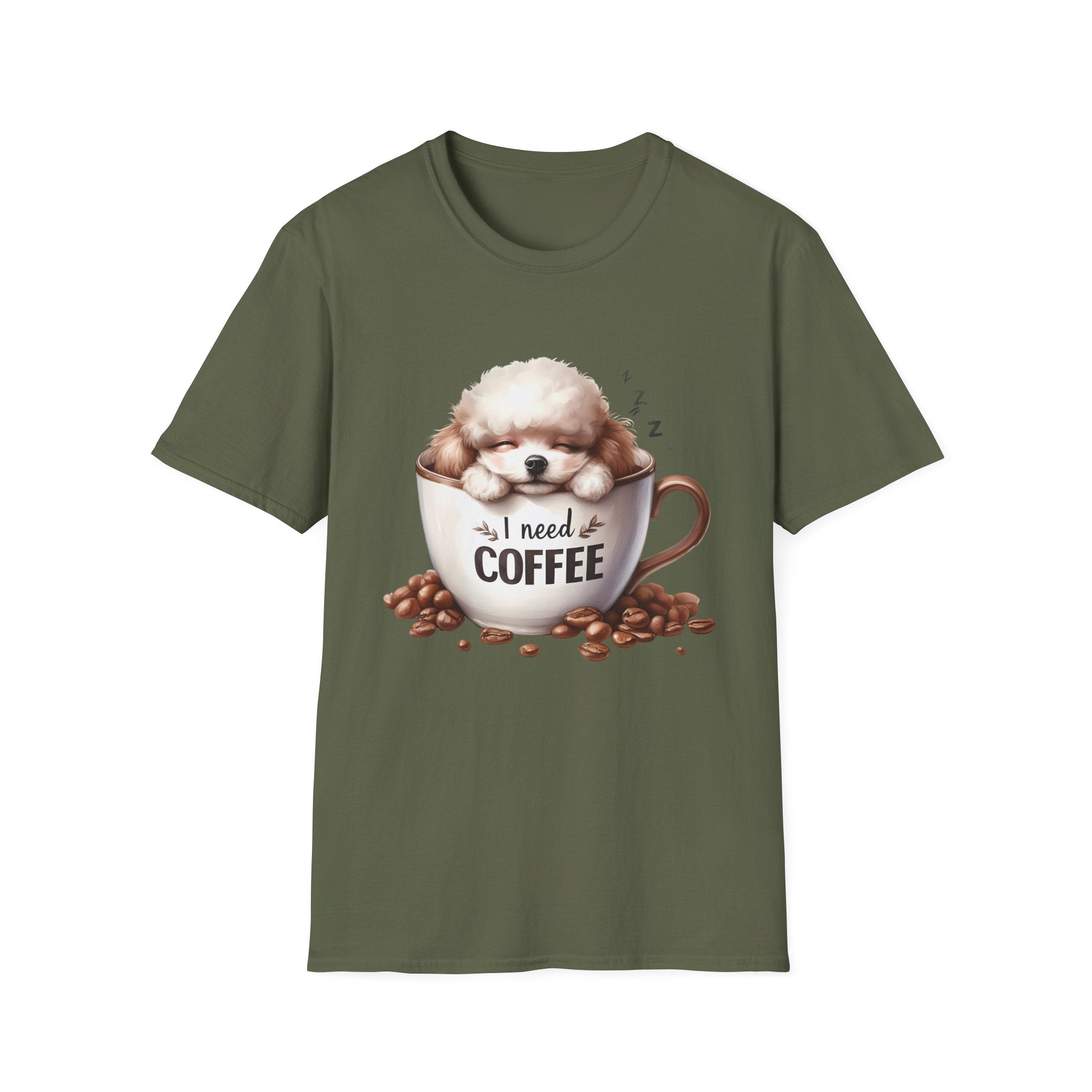Sleeping Puppy in Coffee Cup T-Shirt | I Need Coffee Dog Design