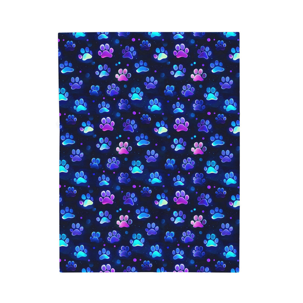 Neon Paw Prints Velveteen Plush Blanket | Blue Purple Gradient Paw Pattern