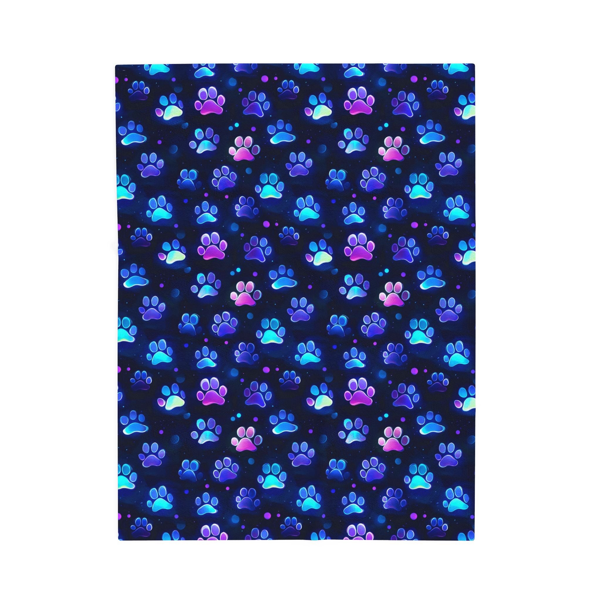 Neon Paw Prints Velveteen Plush Blanket | Blue Purple Gradient Paw Pattern