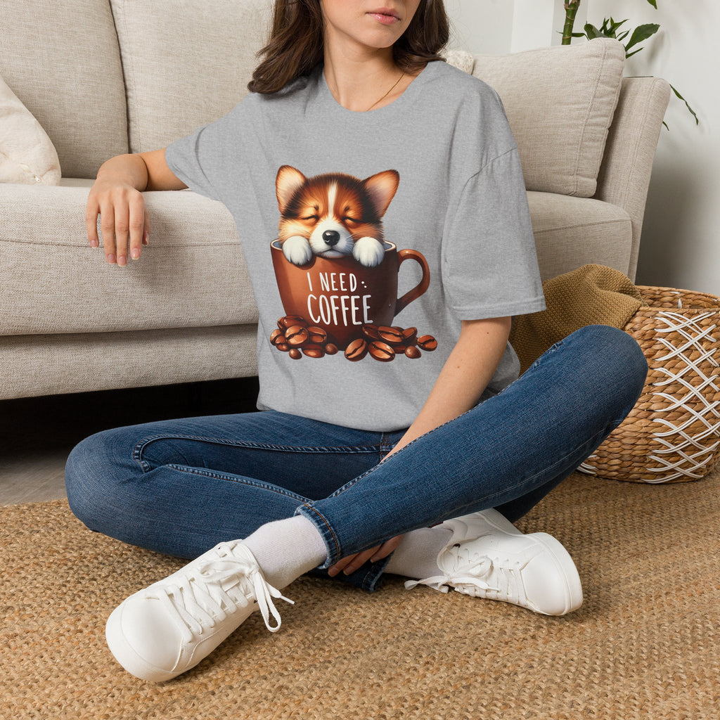 Sleeping Puppy in Coffee Cup T-Shirt | I Need Coffee, Cute Corgi Mug