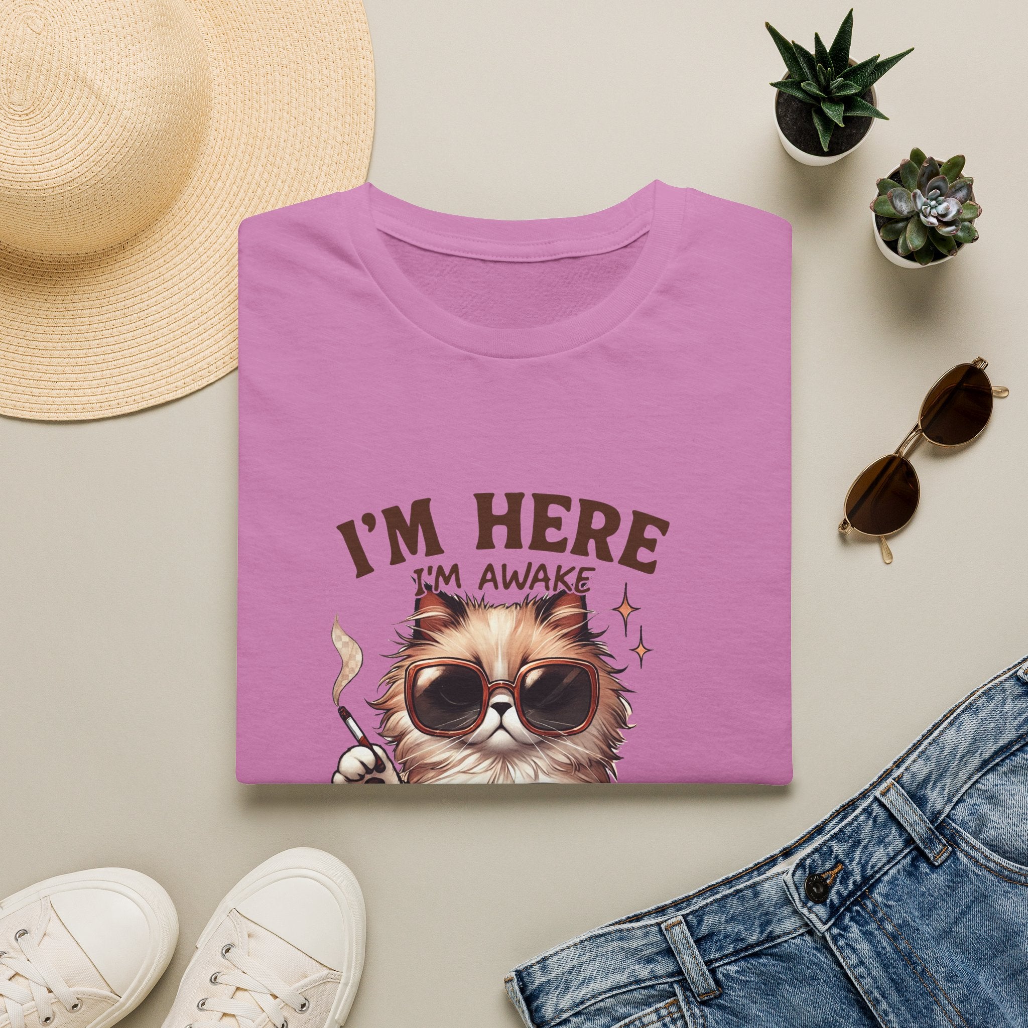 Sunglasses Cat with Coffee I'm Here I'm Awake Don't Push It T-Shirt | Funny Cat Tee