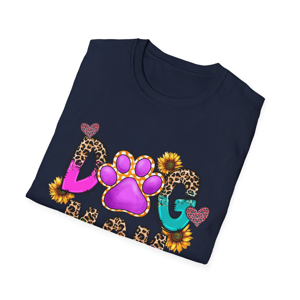 Dog Mom colorful paw print design T-Shirt | leopard hearts sunflower accents