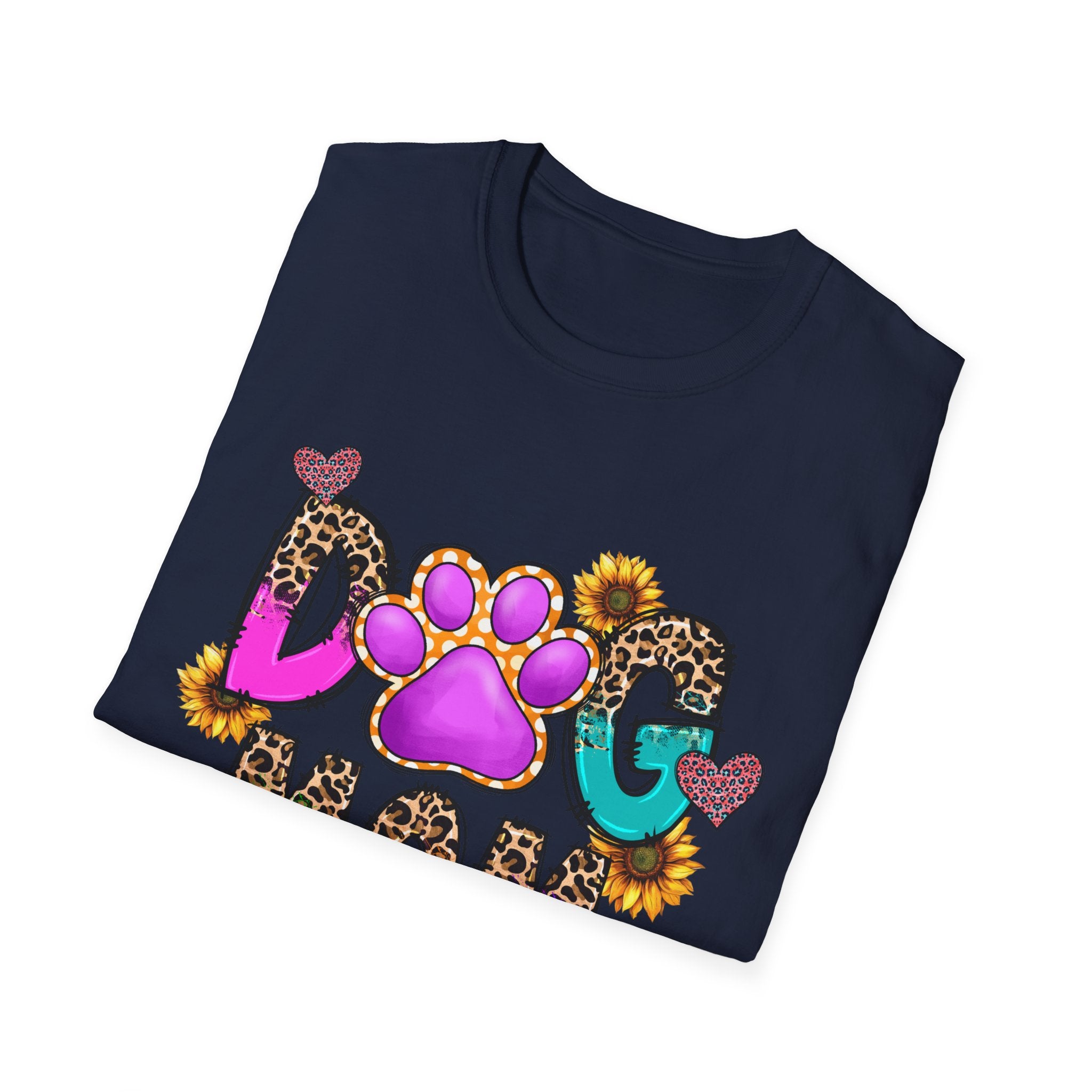 Dog Mom colorful paw print design T-Shirt | leopard hearts sunflower accents